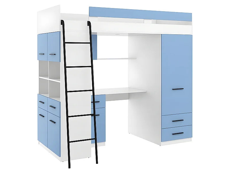 Lit Mezzanine 90x200cm avec échelle Placard, Bureau, bibliothèque et beaucoup d'étagéres LEVI L Blanc/Bleu