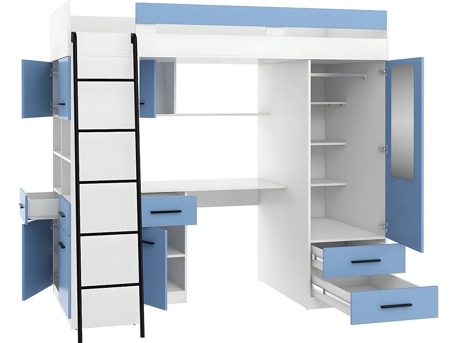 Lit Mezzanine 90x200cm avec échelle Placard, Bureau, bibliothèque et beaucoup d'étagéres LEVI L Blanc/Bleu