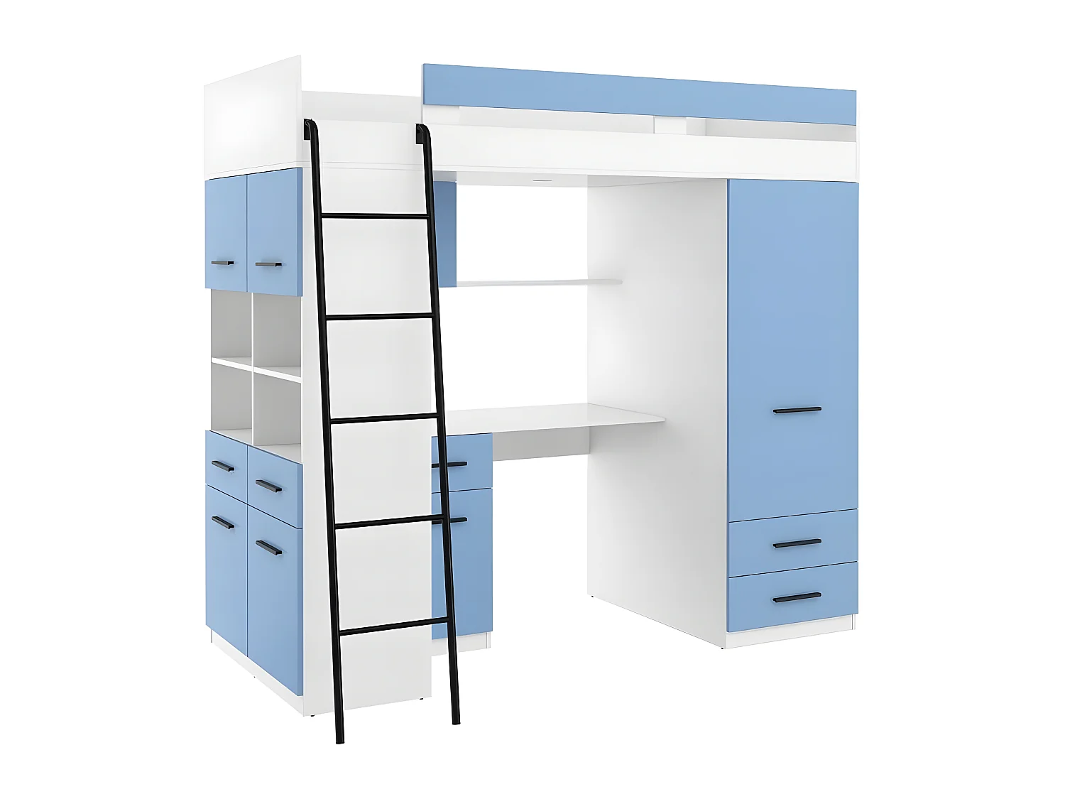 Lit Mezzanine 90x200cm avec échelle Placard, Bureau, bibliothèque et beaucoup d'étagéres LEVI L Blanc/Bleu
