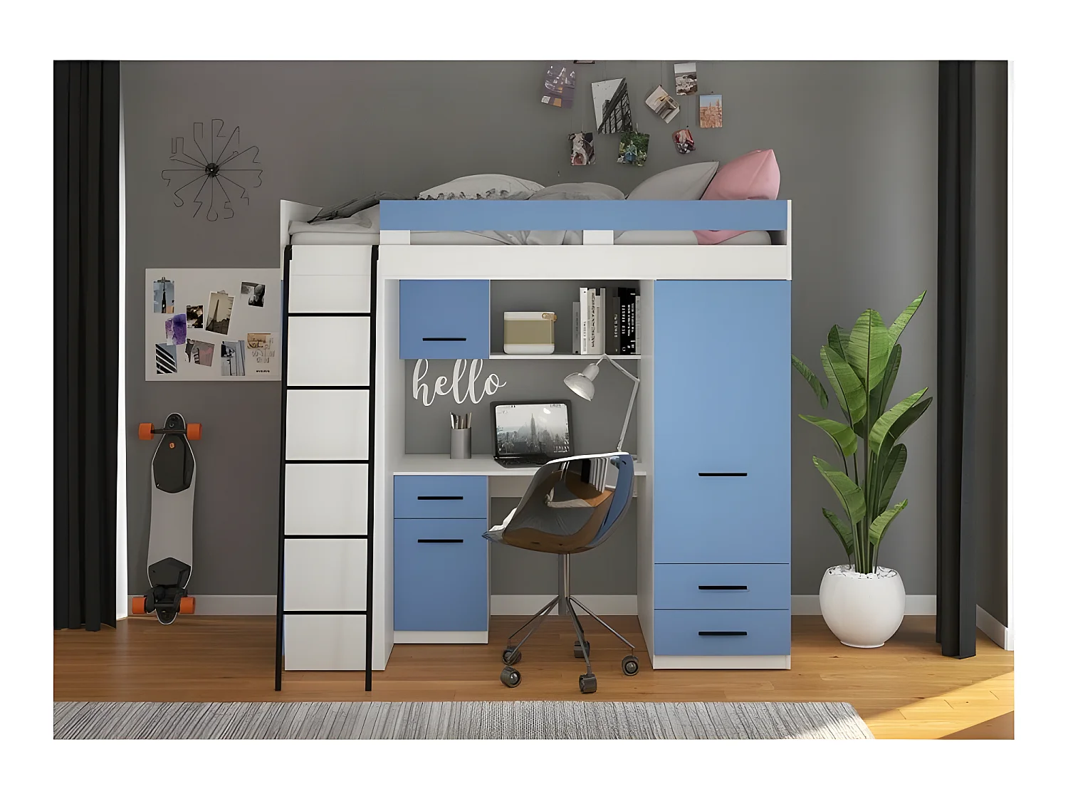 Lit Mezzanine 90x200cm avec échelle Placard, Bureau, bibliothèque et beaucoup d'étagéres LEVI L Blanc/Bleu