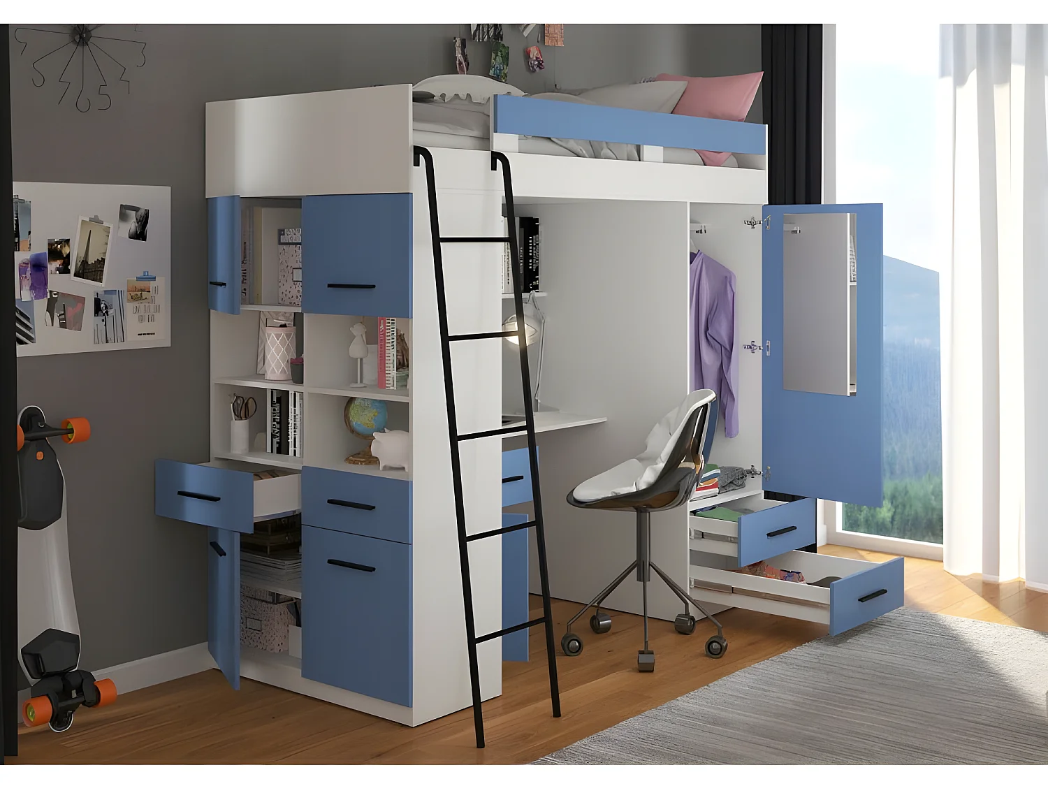 Lit Mezzanine 90x200cm avec échelle Placard, Bureau, bibliothèque et beaucoup d'étagéres LEVI L Blanc/Bleu