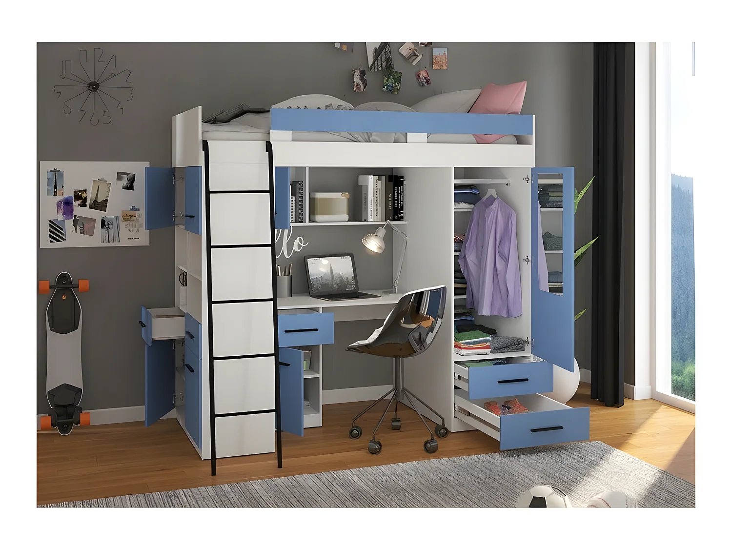 Lit Mezzanine 90x200cm avec échelle Placard, Bureau, bibliothèque et beaucoup d'étagéres LEVI L Blanc/Bleu