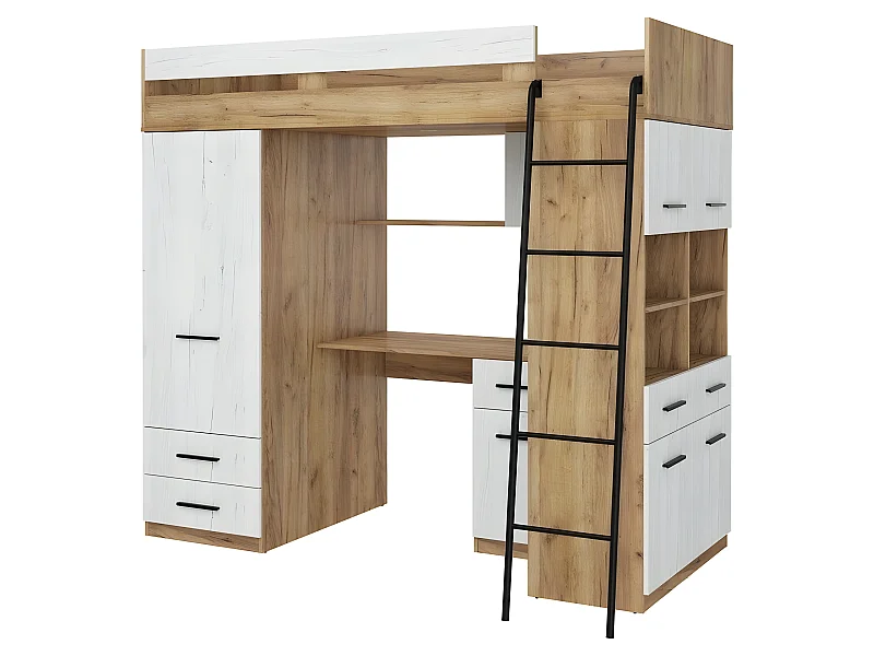 Lit Mezzanine 90x200cm avec échelle Placard, Bureau, bibliothèque et beaucoup d'étagéres LEVI P Chêne artisan/Blanc artisan