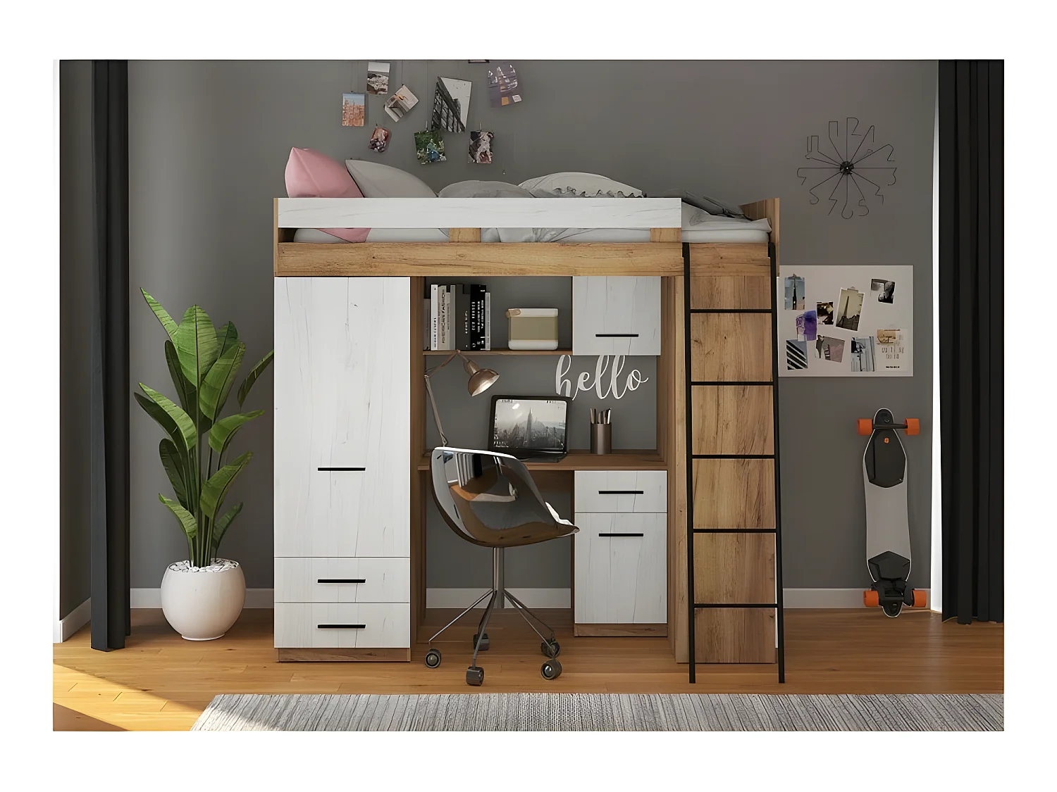 Lit Mezzanine 90x200cm avec échelle Placard, Bureau, bibliothèque et beaucoup d'étagéres LEVI P Chêne artisan/Blanc artisan