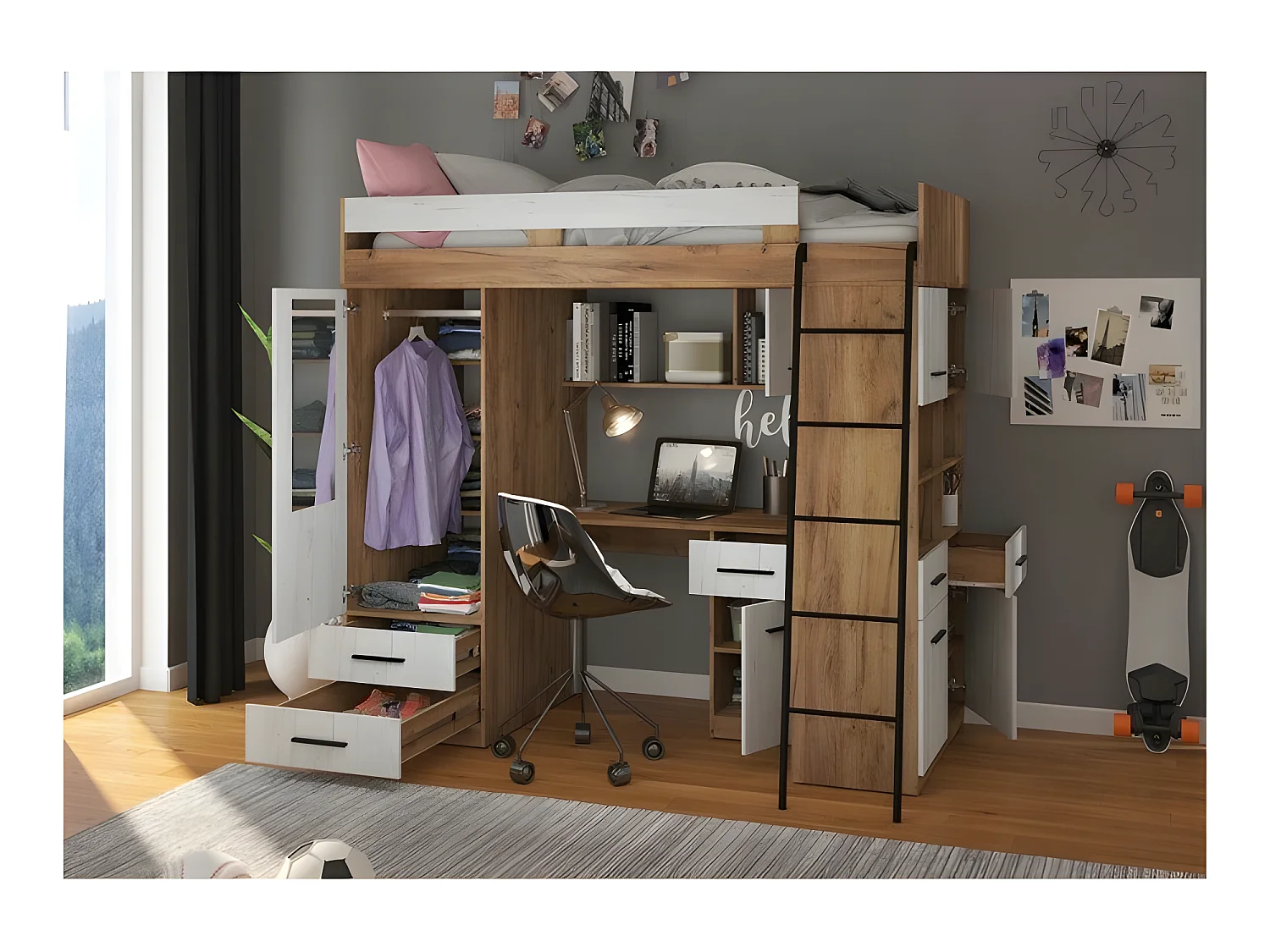 Lit Mezzanine 90x200cm avec échelle Placard, Bureau, bibliothèque et beaucoup d'étagéres LEVI P Chêne artisan/Blanc artisan
