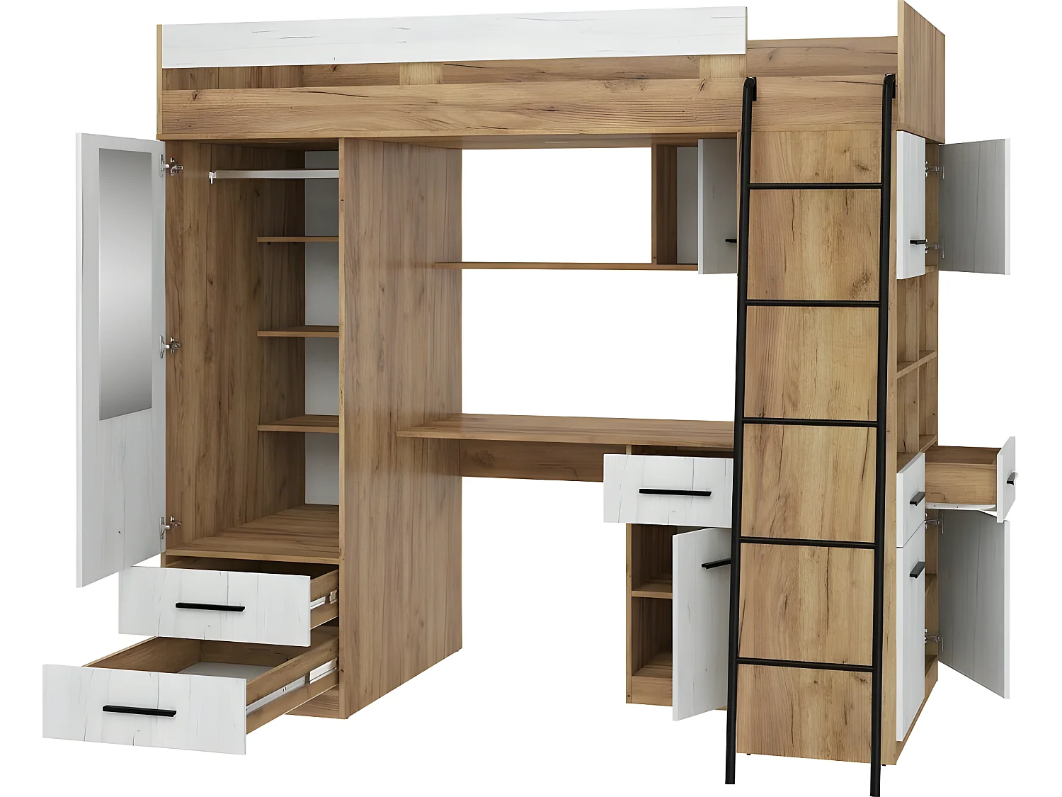 Lit Mezzanine 90x200cm avec échelle Placard, Bureau, bibliothèque et beaucoup d'étagéres LEVI P Chêne artisan/Blanc artisan