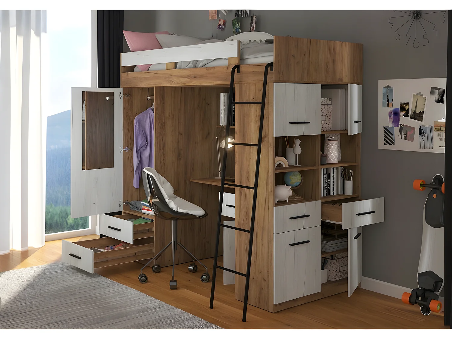 Lit Mezzanine 90x200cm avec échelle Placard, Bureau, bibliothèque et beaucoup d'étagéres LEVI P Chêne artisan/Blanc artisan