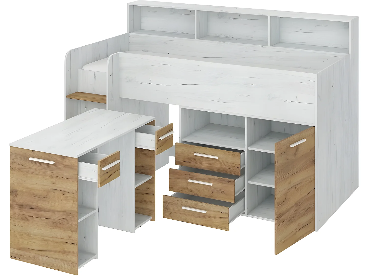 Lit Mezzanine 80x200cm avec échelle Placard, Bureau amovible, bibliothèque et  des étagéres NOE L Blanc artisan/Chêne or