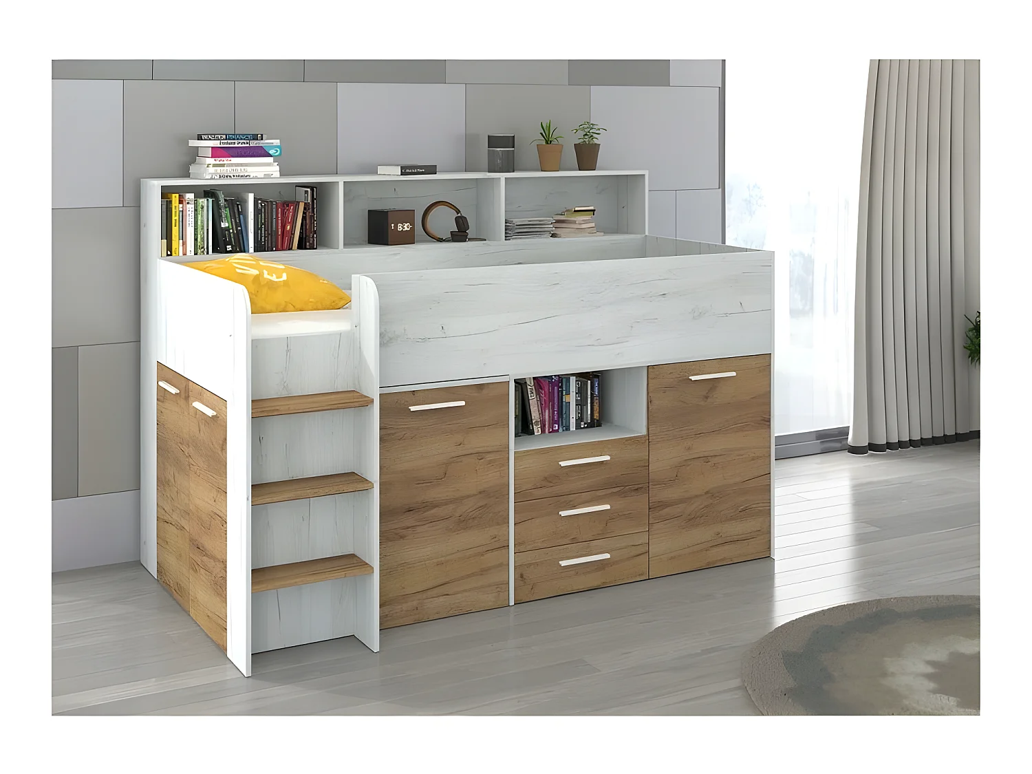 Lit Mezzanine 80x200cm avec échelle Placard, Bureau amovible, bibliothèque et  des étagéres NOE L Blanc artisan/Chêne or