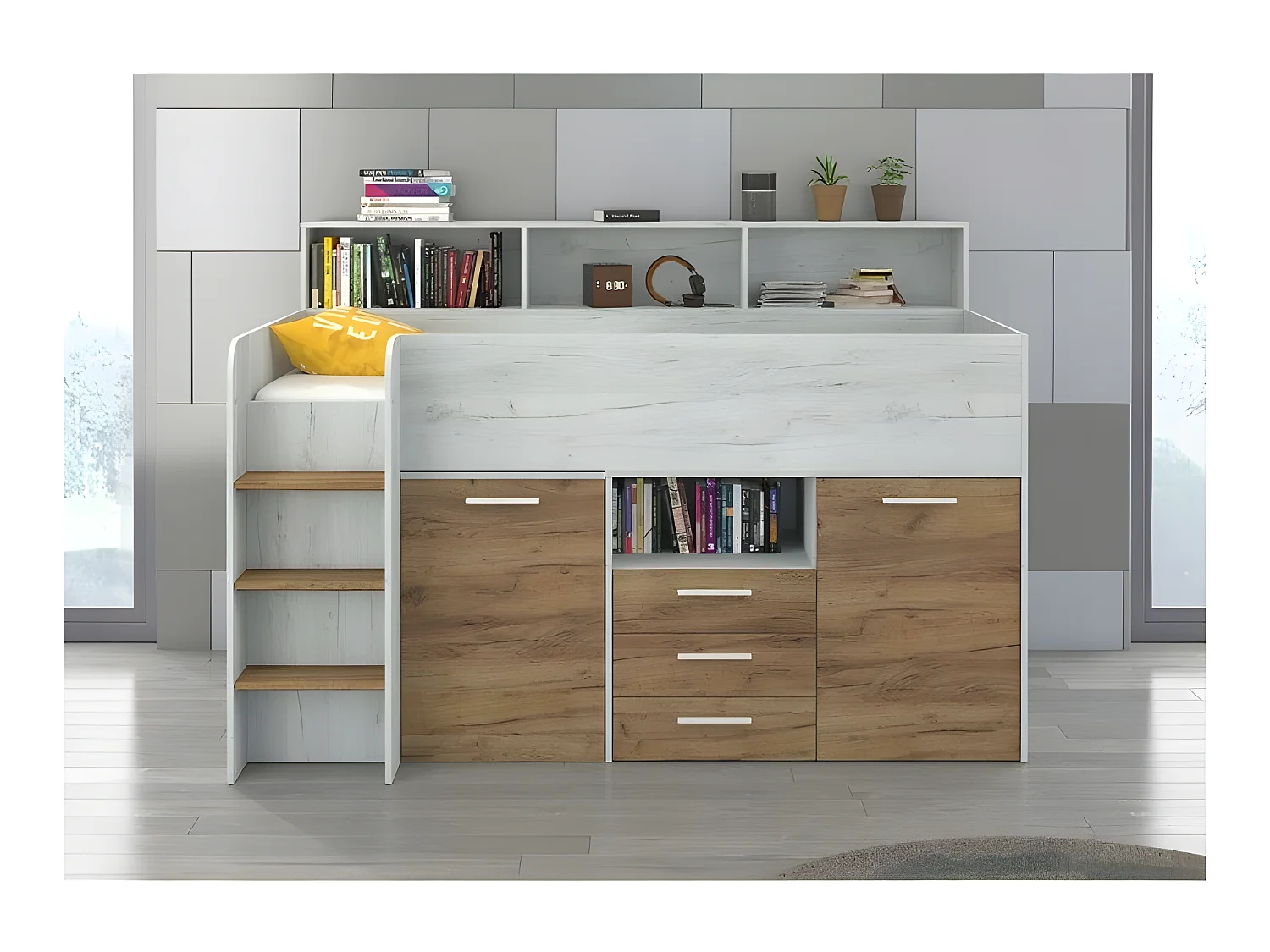 Lit Mezzanine 80x200cm avec échelle Placard, Bureau amovible, bibliothèque et  des étagéres NOE L Blanc artisan/Chêne or
