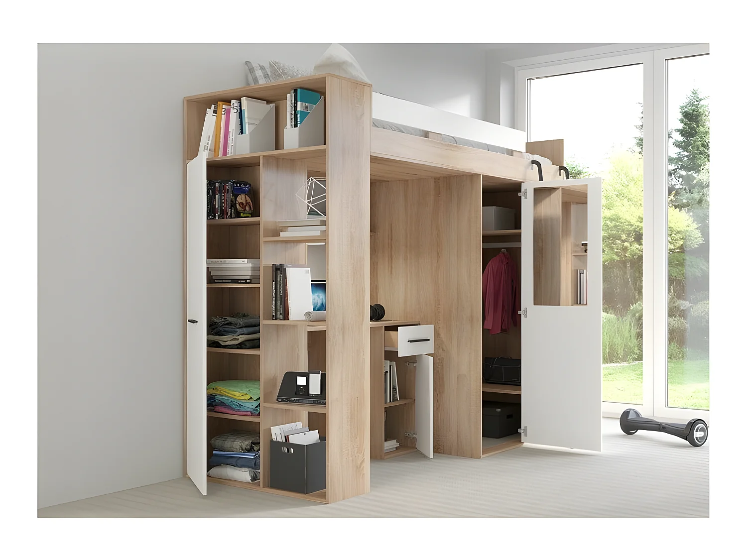 Lit Mezzanine 90x200cm avec échelle Placard, Bureau, bibliothèque et beaucoup d'étagéres VENA P Sonoma/blanc mat