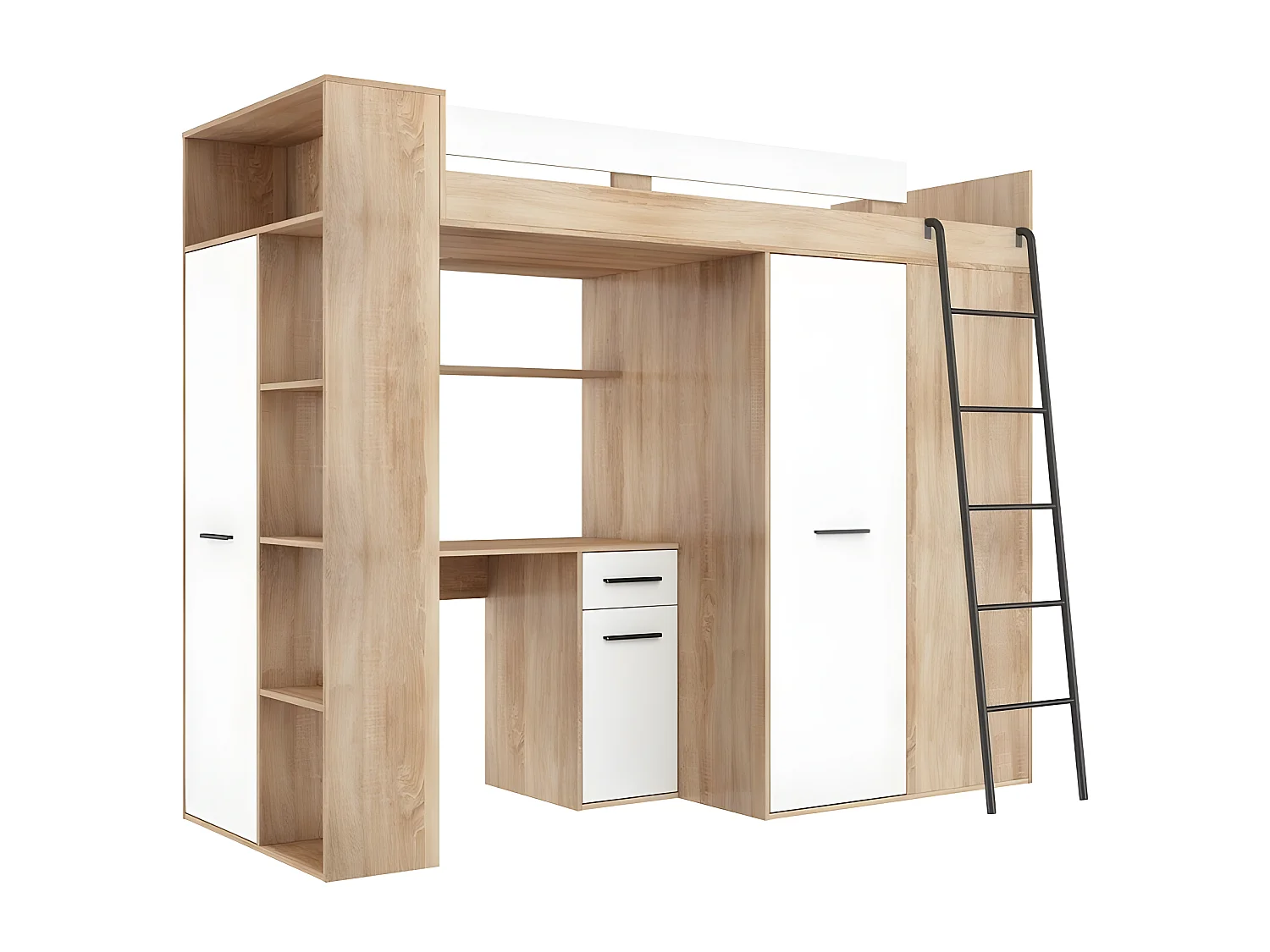 Lit Mezzanine 90x200cm avec échelle Placard, Bureau, bibliothèque et beaucoup d'étagéres VENA P Sonoma/blanc mat
