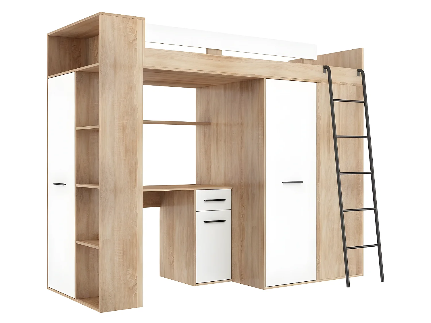 Lit Mezzanine 90x200cm avec échelle Placard, Bureau, bibliothèque et beaucoup d'étagéres VENA P Sonoma/blanc mat