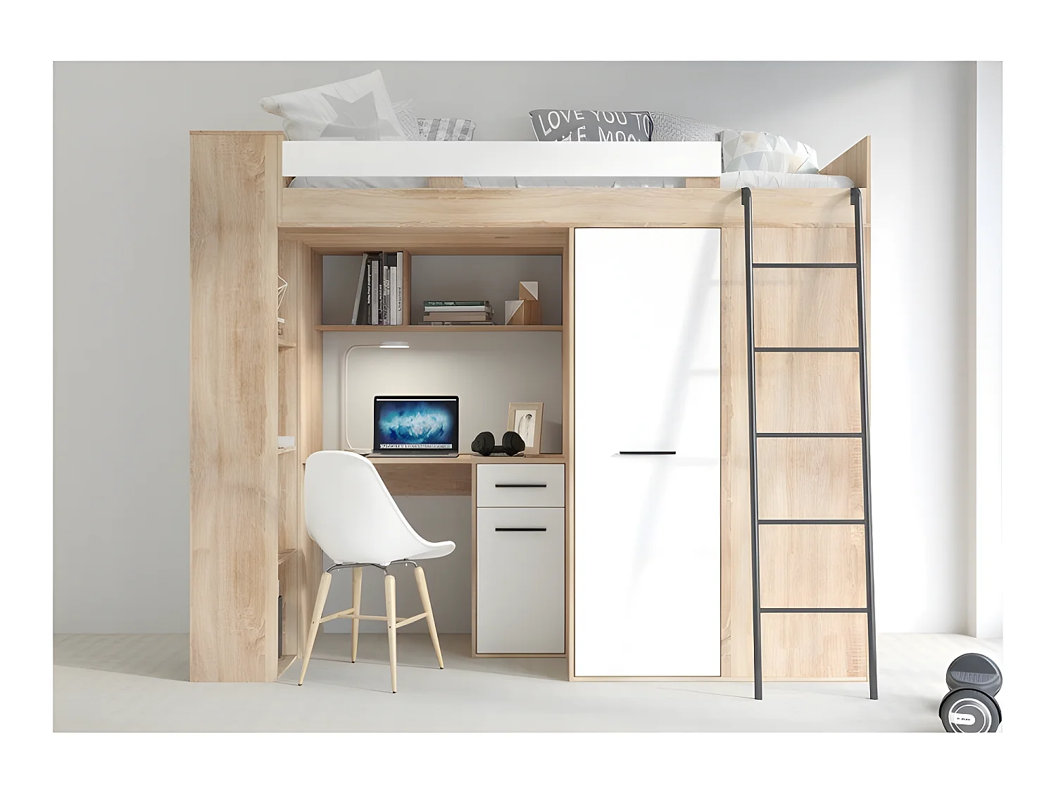 Lit Mezzanine 90x200cm avec échelle Placard, Bureau, bibliothèque et beaucoup d'étagéres VENA P Sonoma/blanc mat