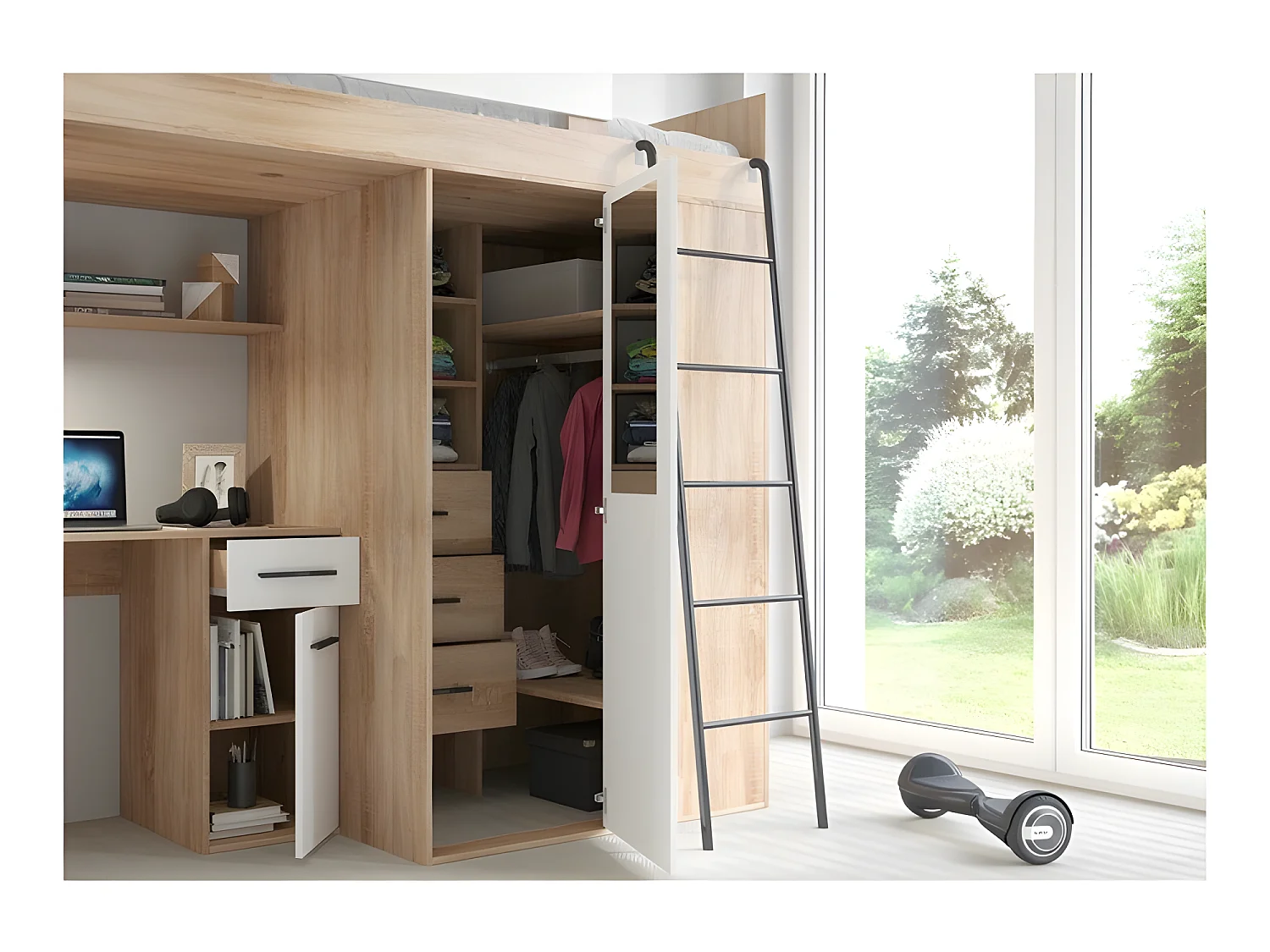 Lit Mezzanine 90x200cm avec échelle Placard, Bureau, bibliothèque et beaucoup d'étagéres VENA P Sonoma/blanc mat