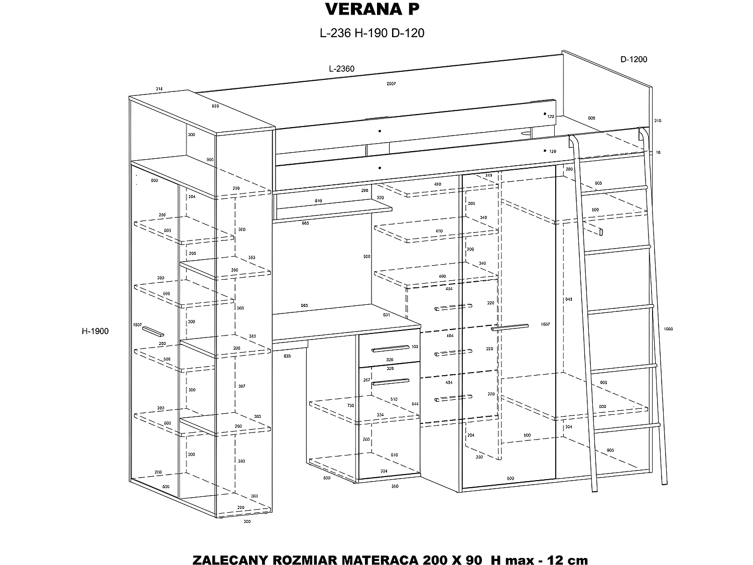 Lit Mezzanine 90x200cm avec échelle Placard, Bureau, bibliothèque et beaucoup d'étagéres VENA P Sonoma/blanc mat