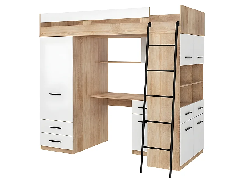 Lit Mezzanine 90x200cm avec échelle Placard, Bureau, bibliothèque et beaucoup d'étagéres LEVI P Chêne sonoma/Blanc