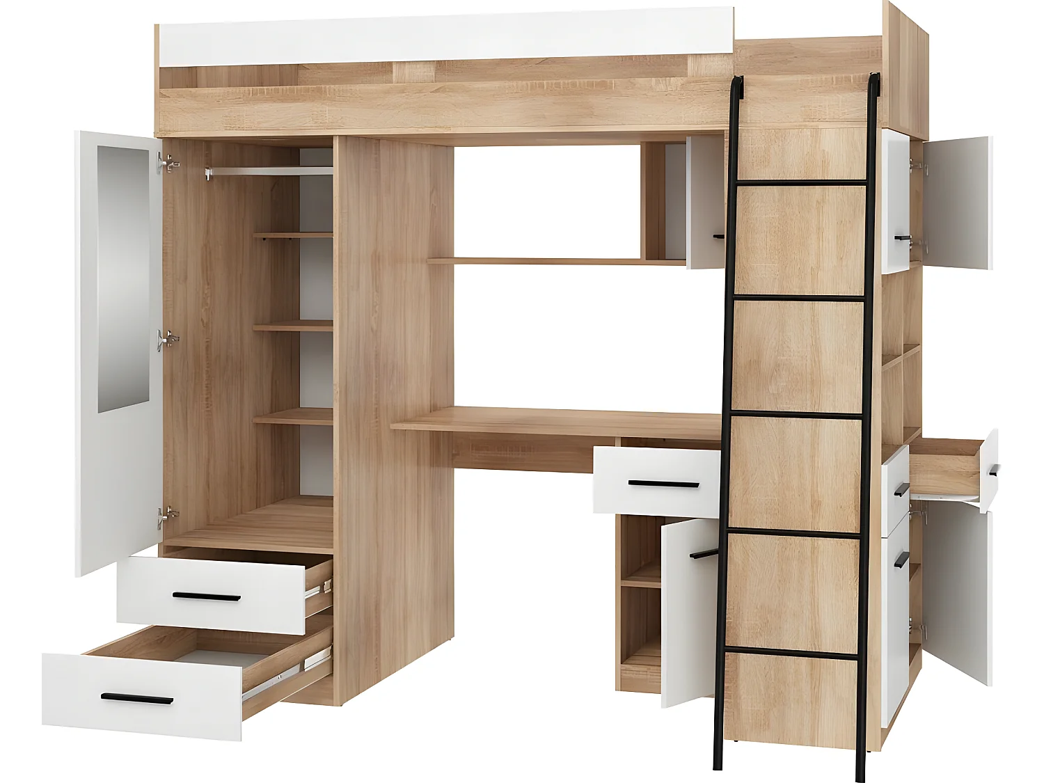 Lit Mezzanine 90x200cm avec échelle Placard, Bureau, bibliothèque et beaucoup d'étagéres LEVI P Chêne sonoma/Blanc