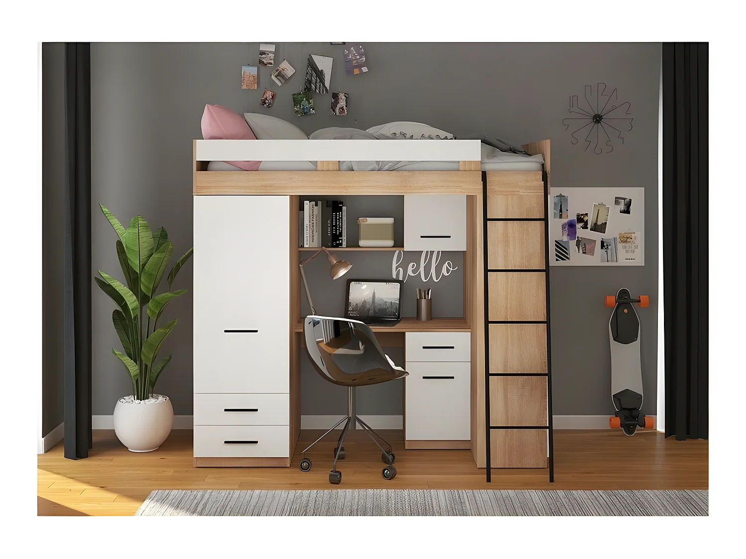 Lit Mezzanine 90x200cm avec échelle Placard, Bureau, bibliothèque et beaucoup d'étagéres LEVI P Chêne sonoma/Blanc