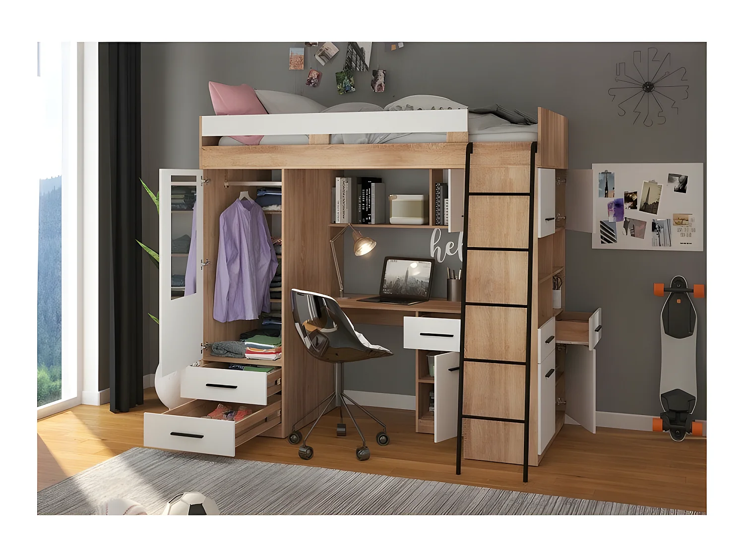 Lit Mezzanine 90x200cm avec échelle Placard, Bureau, bibliothèque et beaucoup d'étagéres LEVI P Chêne sonoma/Blanc