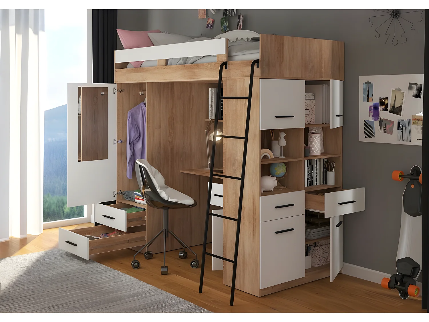 Lit Mezzanine 90x200cm avec échelle Placard, Bureau, bibliothèque et beaucoup d'étagéres LEVI P Chêne sonoma/Blanc