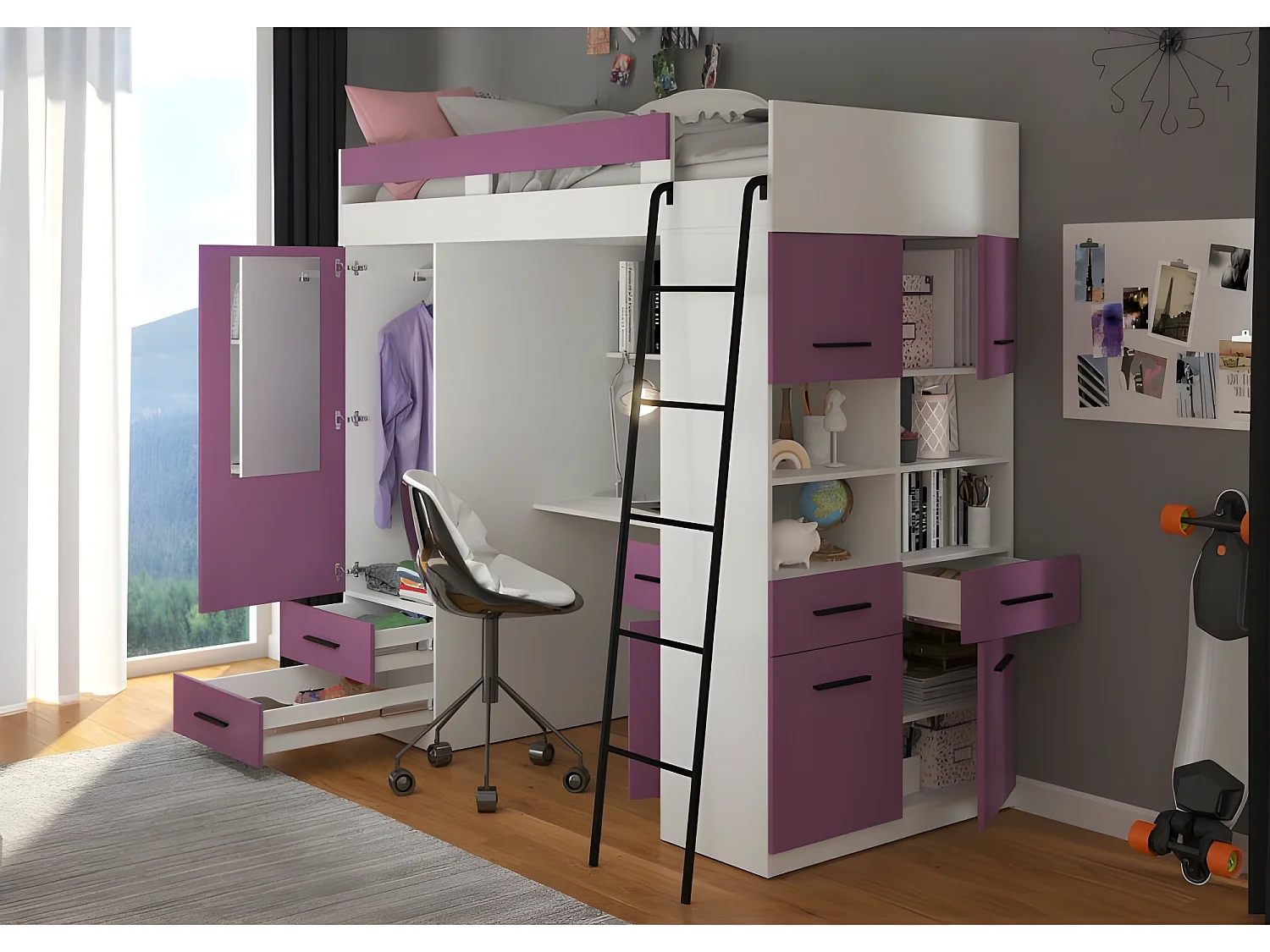 Lit Mezzanine 90x200cm avec échelle Placard, Bureau, bibliothèque et beaucoup d'étagéres LEVI P Blanc/Lavande