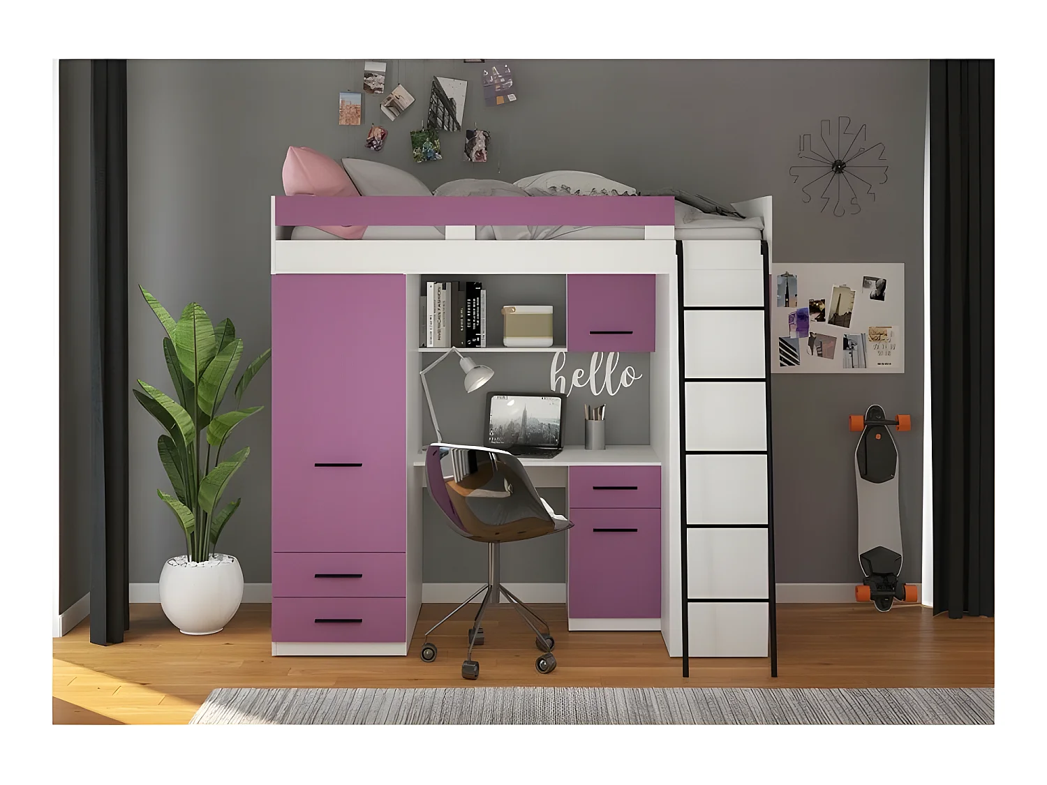 Lit Mezzanine 90x200cm avec échelle Placard, Bureau, bibliothèque et beaucoup d'étagéres LEVI P Blanc/Lavande
