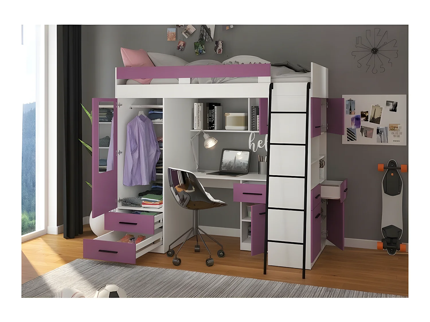 Lit Mezzanine 90x200cm avec échelle Placard, Bureau, bibliothèque et beaucoup d'étagéres LEVI P Blanc/Lavande