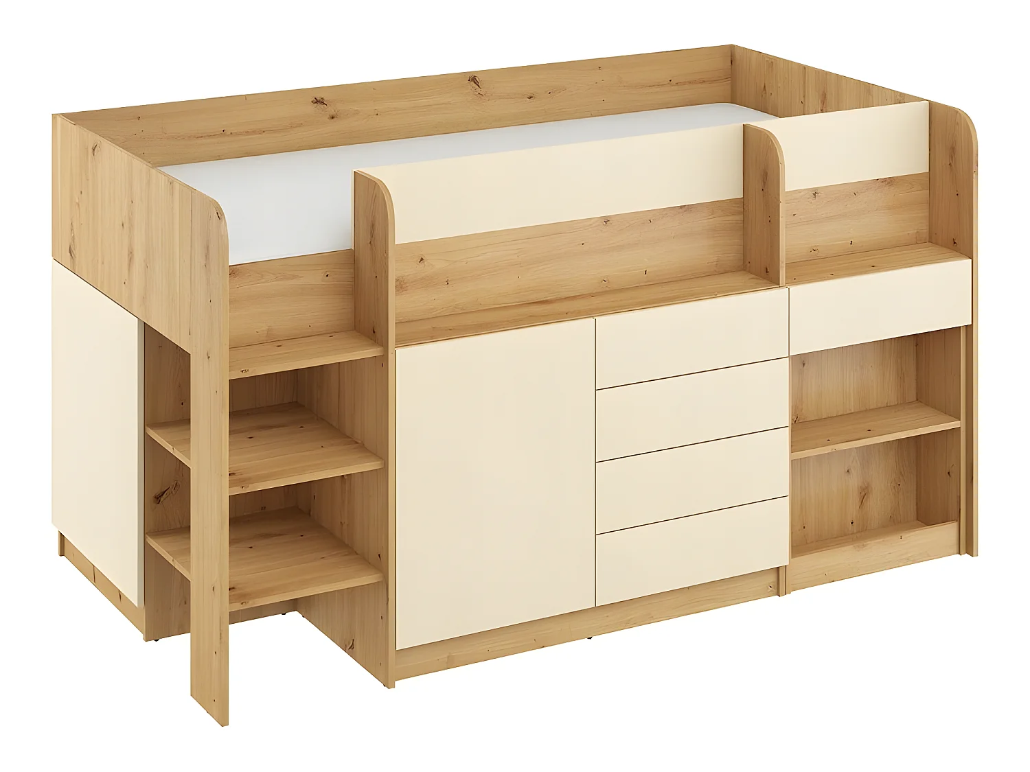 Lit Mezzanine 90x200cm avec échelle Placard, Bureau amovible, bibliothèque et  des étagéres SMIDA L Chêne artisan/Crème