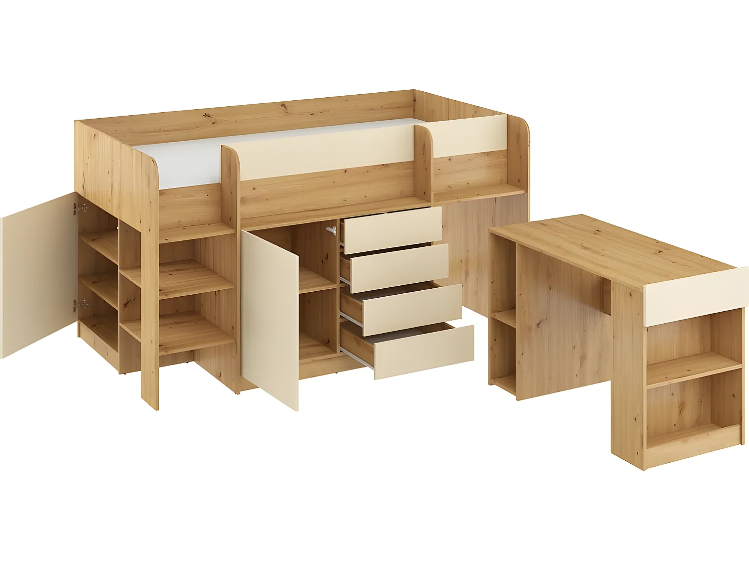 Lit Mezzanine 90x200cm avec échelle Placard, Bureau amovible, bibliothèque et  des étagéres SMIDA L Chêne artisan/Crème