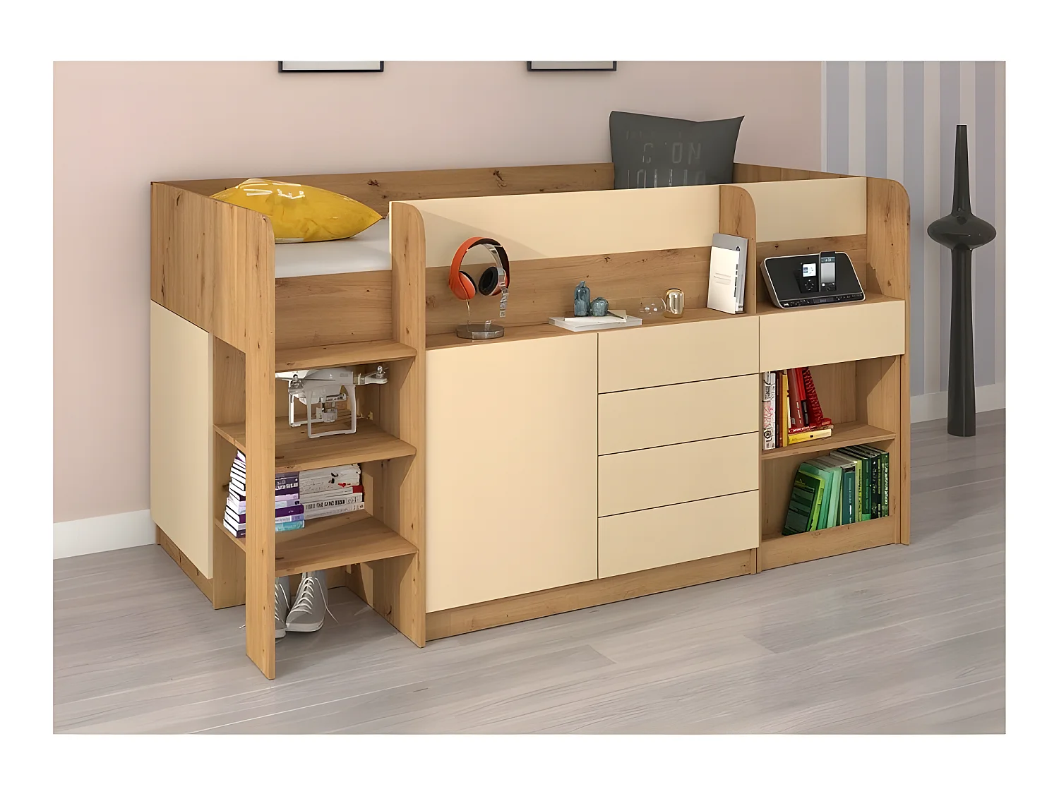 Lit Mezzanine 90x200cm avec échelle Placard, Bureau amovible, bibliothèque et  des étagéres SMIDA L Chêne artisan/Crème