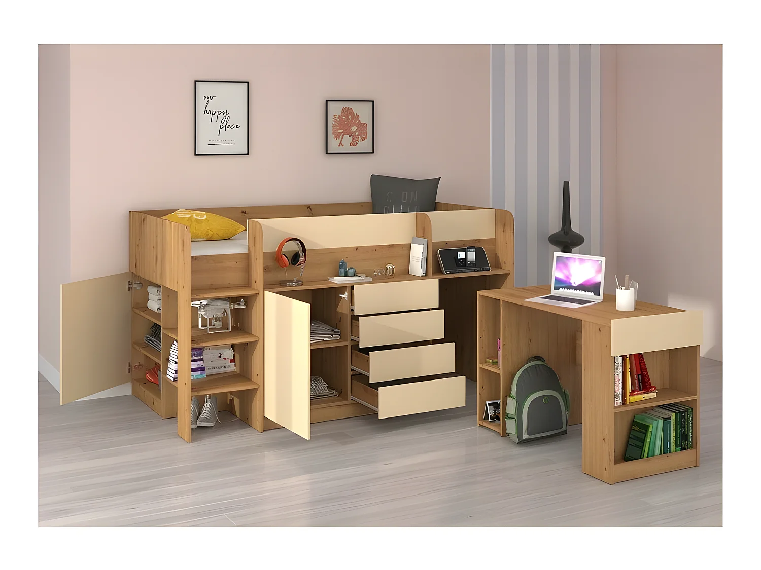 Lit Mezzanine 90x200cm avec échelle Placard, Bureau amovible, bibliothèque et  des étagéres SMIDA L Chêne artisan/Crème