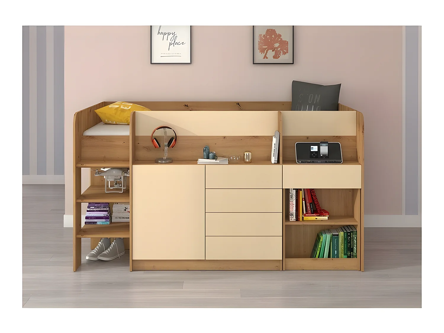 Lit Mezzanine 90x200cm avec échelle Placard, Bureau amovible, bibliothèque et  des étagéres SMIDA L Chêne artisan/Crème