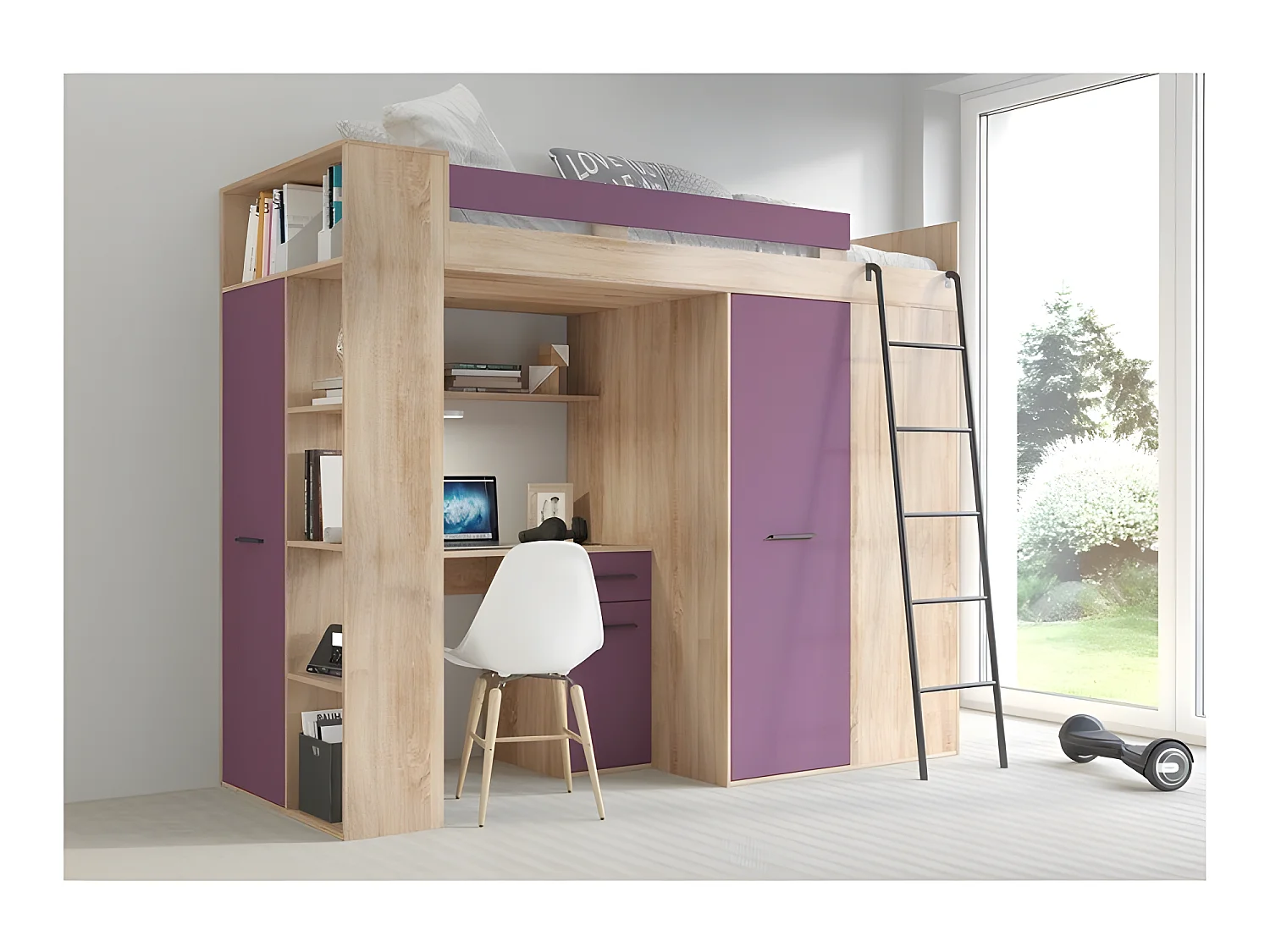 Lit Mezzanine 90x200cm avec échelle Placard, Bureau, bibliothèque et beaucoup d'étagéres VENA P Sonoma/Violet