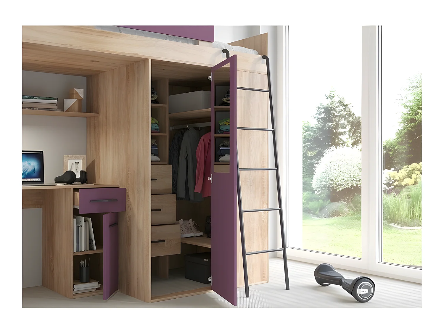 Lit Mezzanine 90x200cm avec échelle Placard, Bureau, bibliothèque et beaucoup d'étagéres VENA P Sonoma/Violet