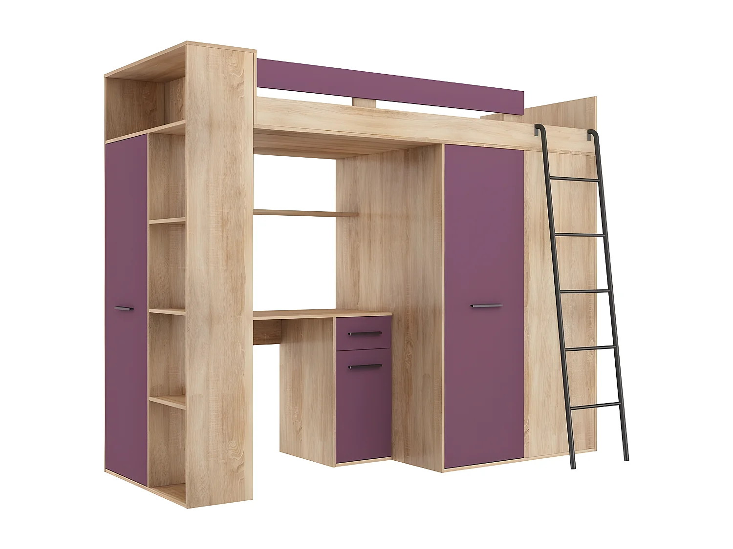 Lit Mezzanine 90x200cm avec échelle Placard, Bureau, bibliothèque et beaucoup d'étagéres VENA P Sonoma/Violet
