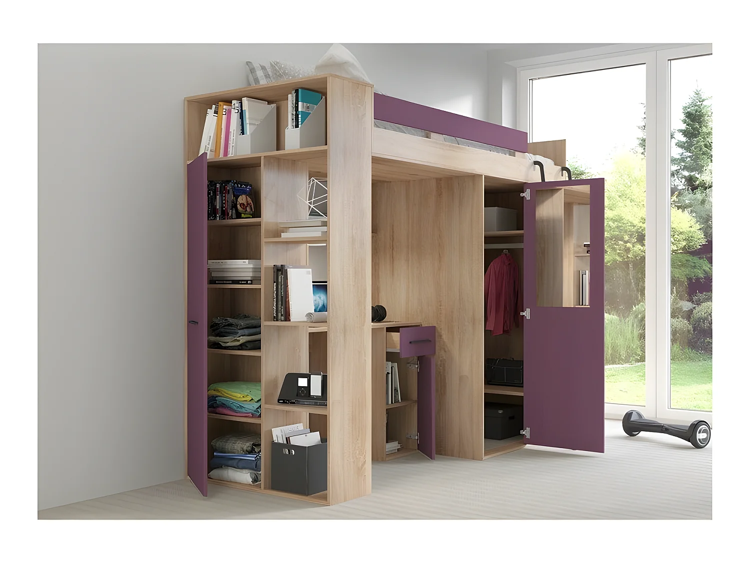 Lit Mezzanine 90x200cm avec échelle Placard, Bureau, bibliothèque et beaucoup d'étagéres VENA P Sonoma/Violet