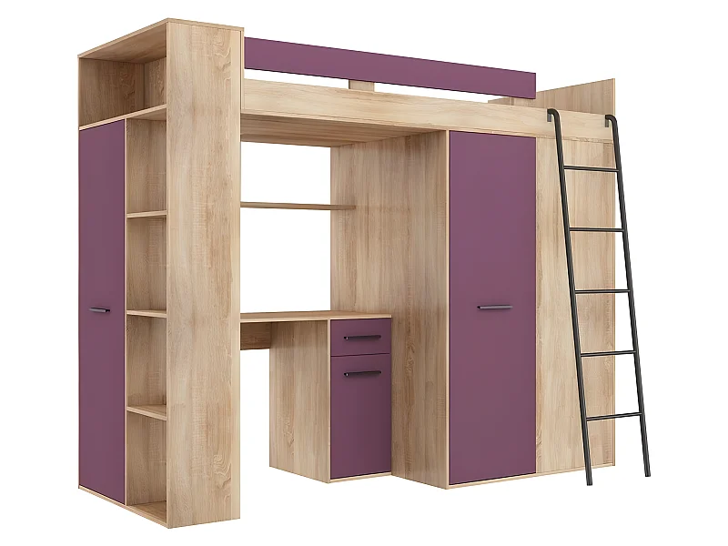 Lit Mezzanine 90x200cm avec échelle Placard, Bureau, bibliothèque et beaucoup d'étagéres VENA P Sonoma/Violet