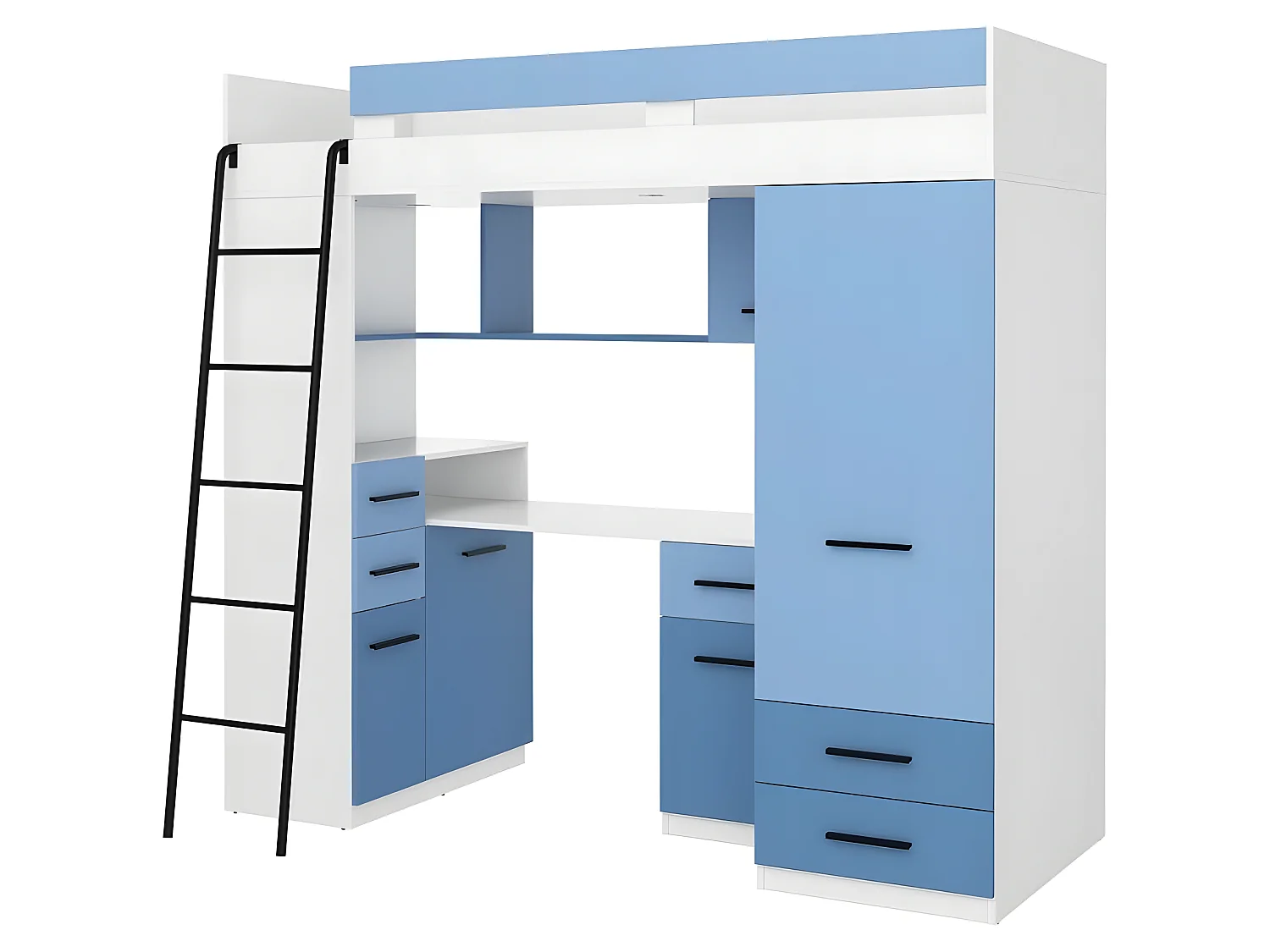 Lit Mezzanine 80x200cm avec échelle Placard, Bureau, bibliothèque et beaucoup d'étagéres SAMY L Blanc/Bleu