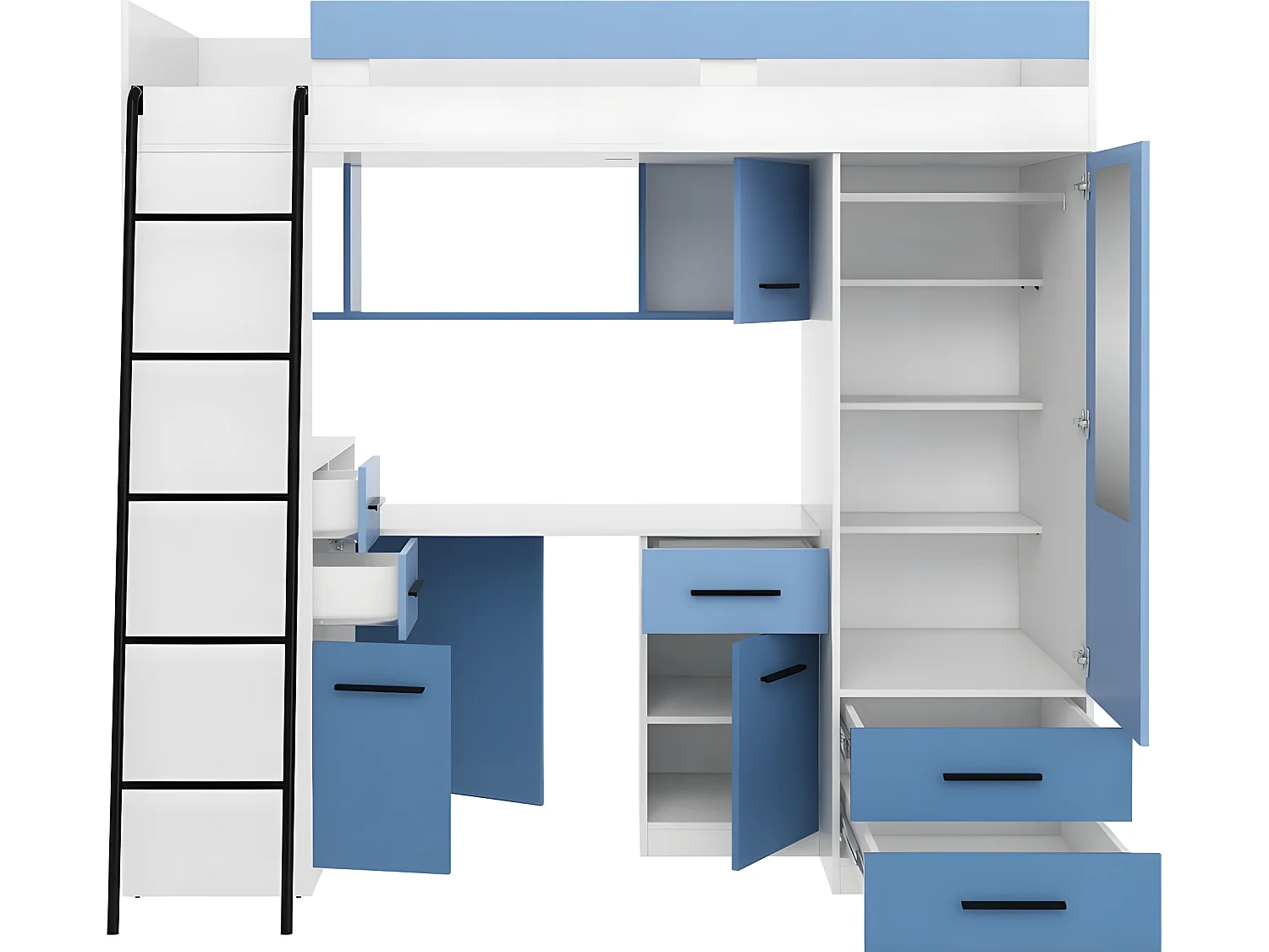 Lit Mezzanine 80x200cm avec échelle Placard, Bureau, bibliothèque et beaucoup d'étagéres SAMY L Blanc/Bleu