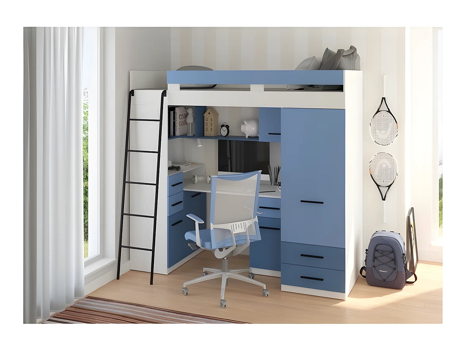 Lit Mezzanine 80x200cm avec échelle Placard, Bureau, bibliothèque et beaucoup d'étagéres SAMY L Blanc/Bleu