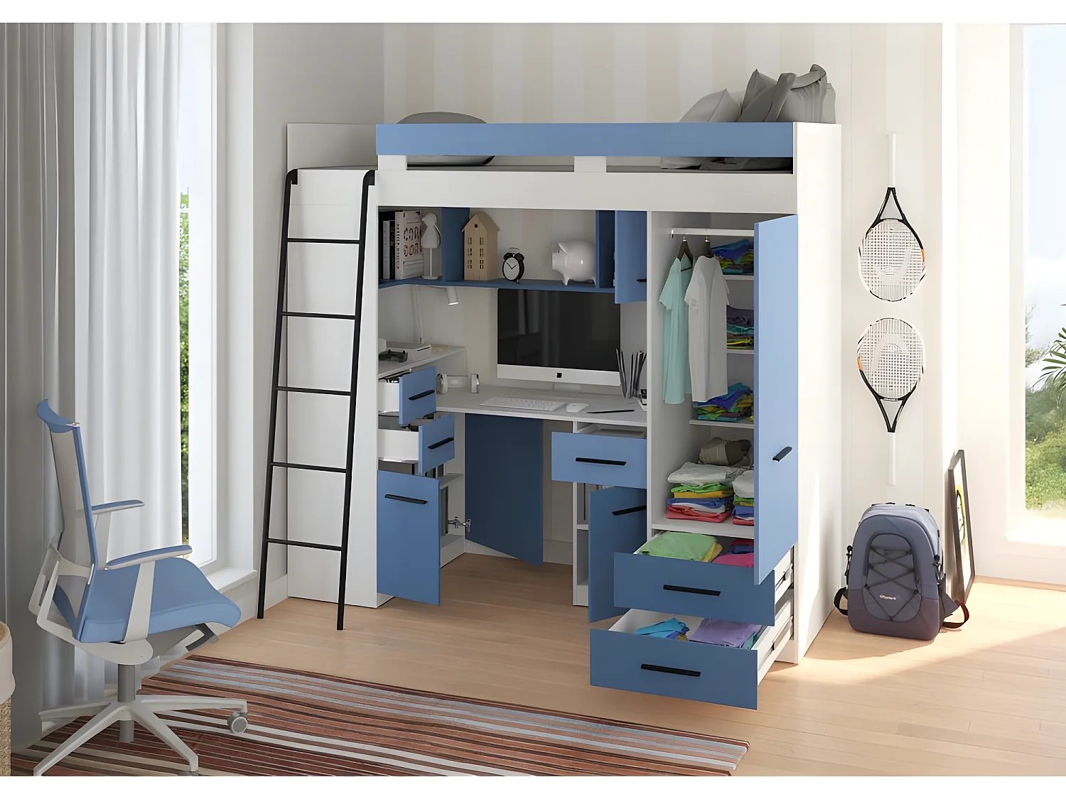 Lit Mezzanine 80x200cm avec échelle Placard, Bureau, bibliothèque et beaucoup d'étagéres SAMY L Blanc/Bleu