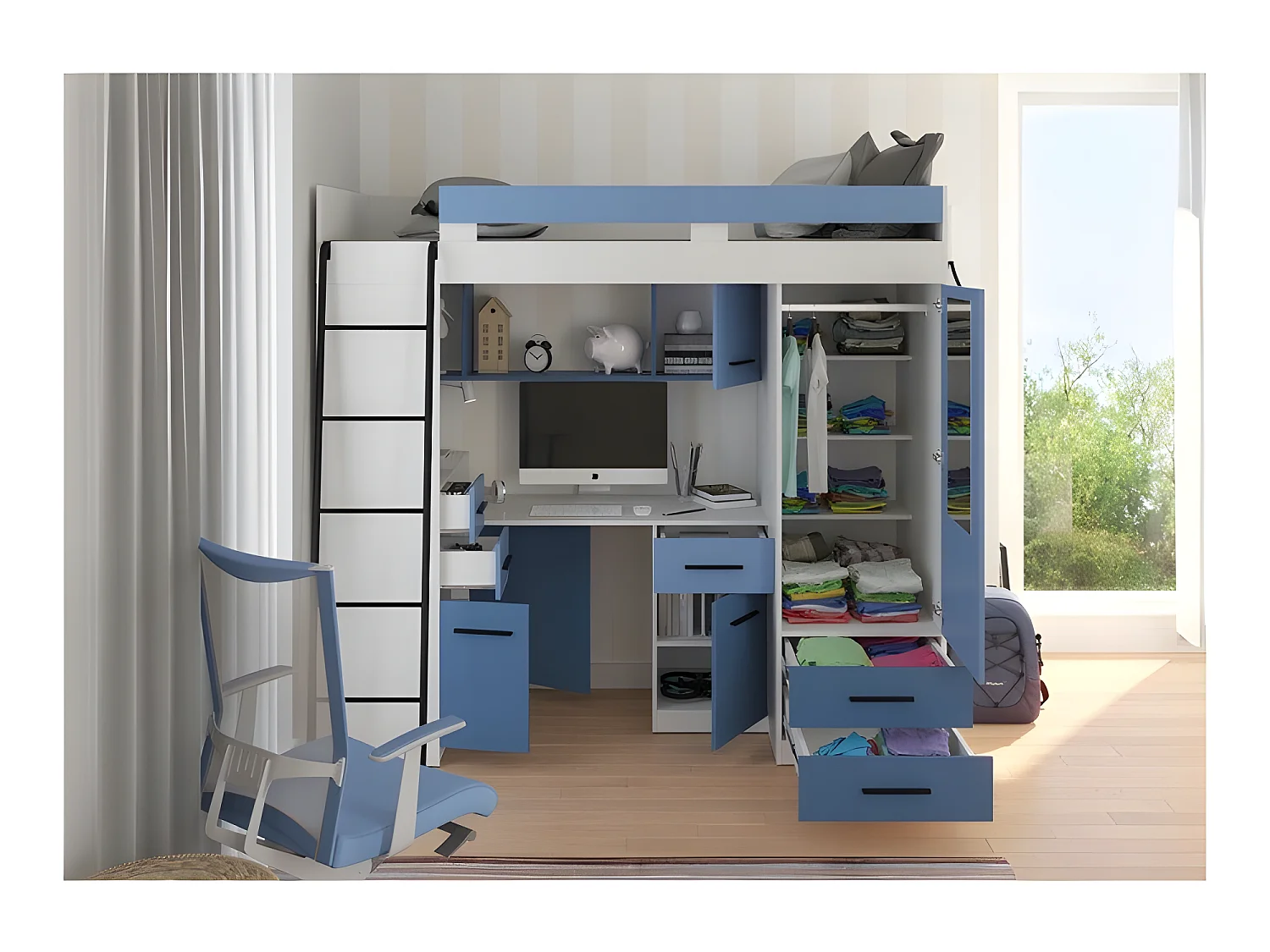 Lit Mezzanine 80x200cm avec échelle Placard, Bureau, bibliothèque et beaucoup d'étagéres SAMY L Blanc/Bleu
