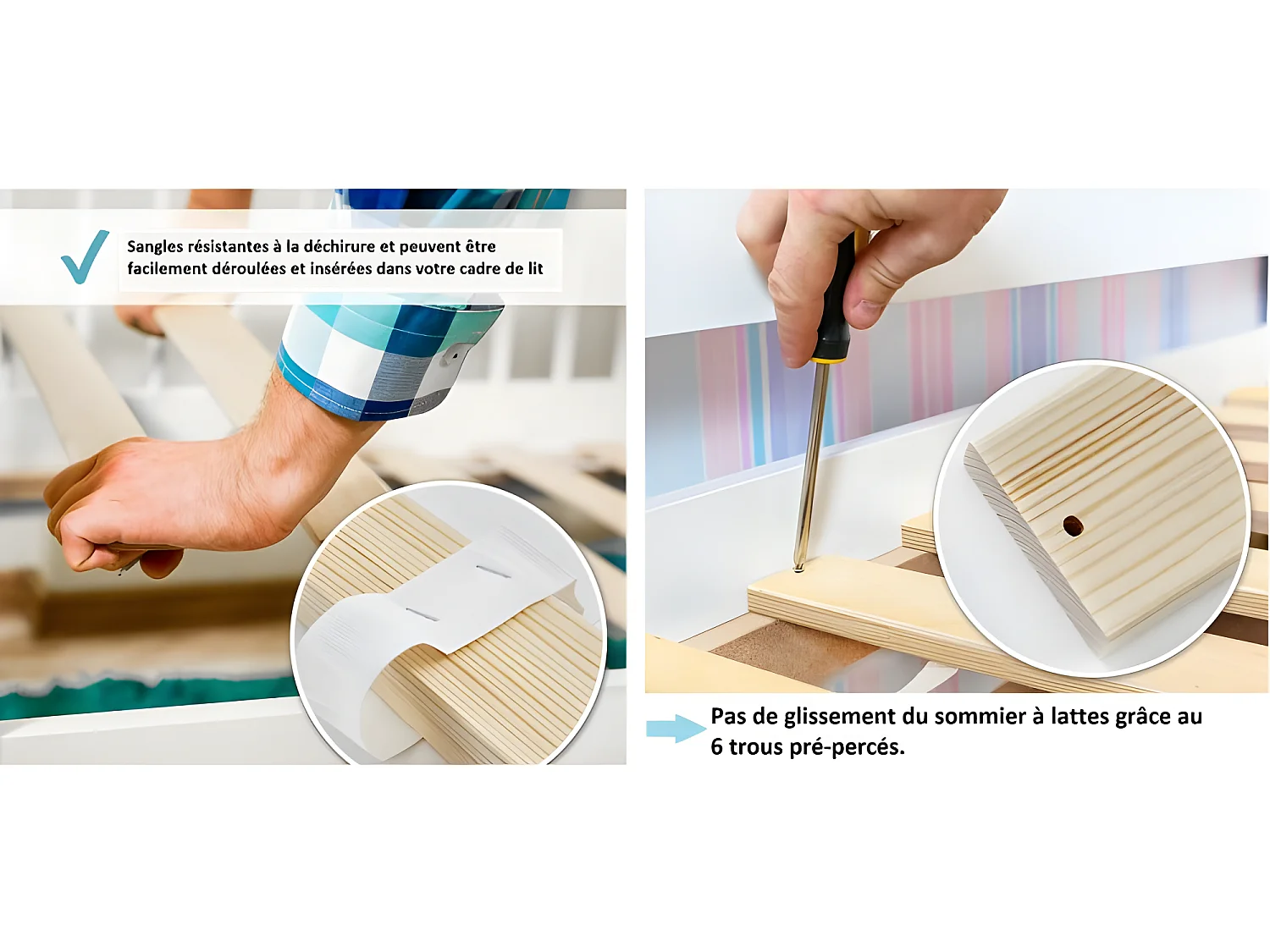 Lattes sans cadre 90x200cm 23 lattes en bois massif pour soutien ferme avec sangle enroulé