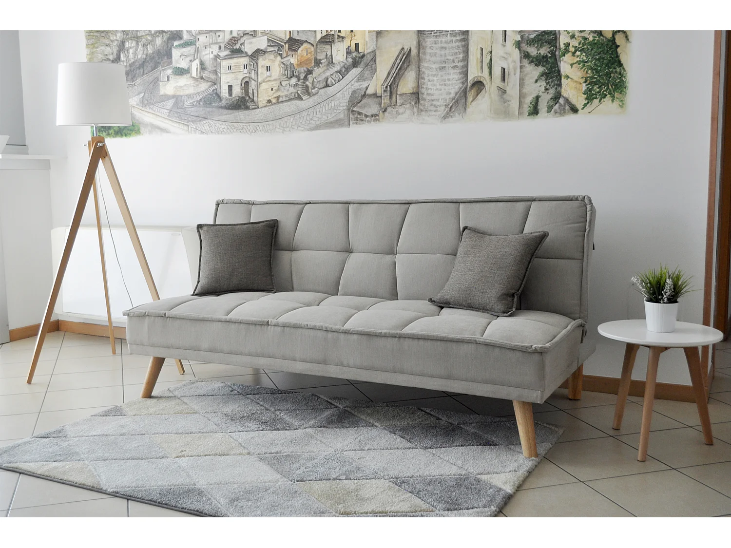 Divano letto clic clac in tessuto vellutato tortora, divano 3 posti mod. Bart