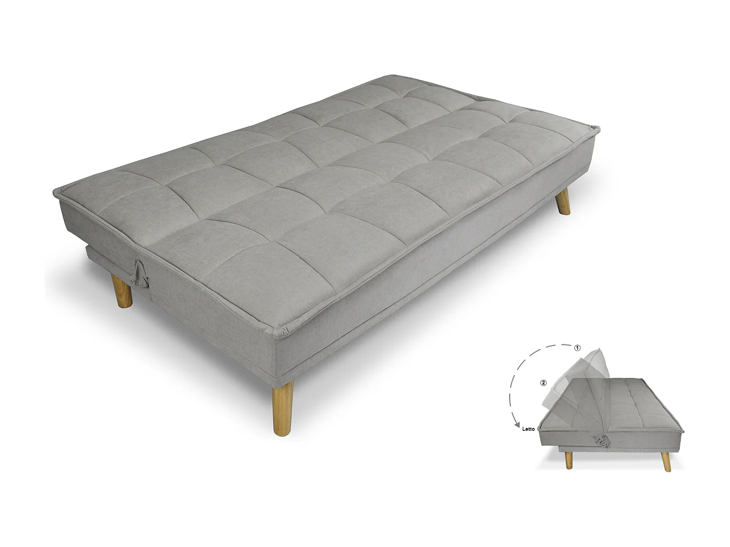 Divano letto clic clac in tessuto vellutato tortora, divano 3 posti mod. Bart