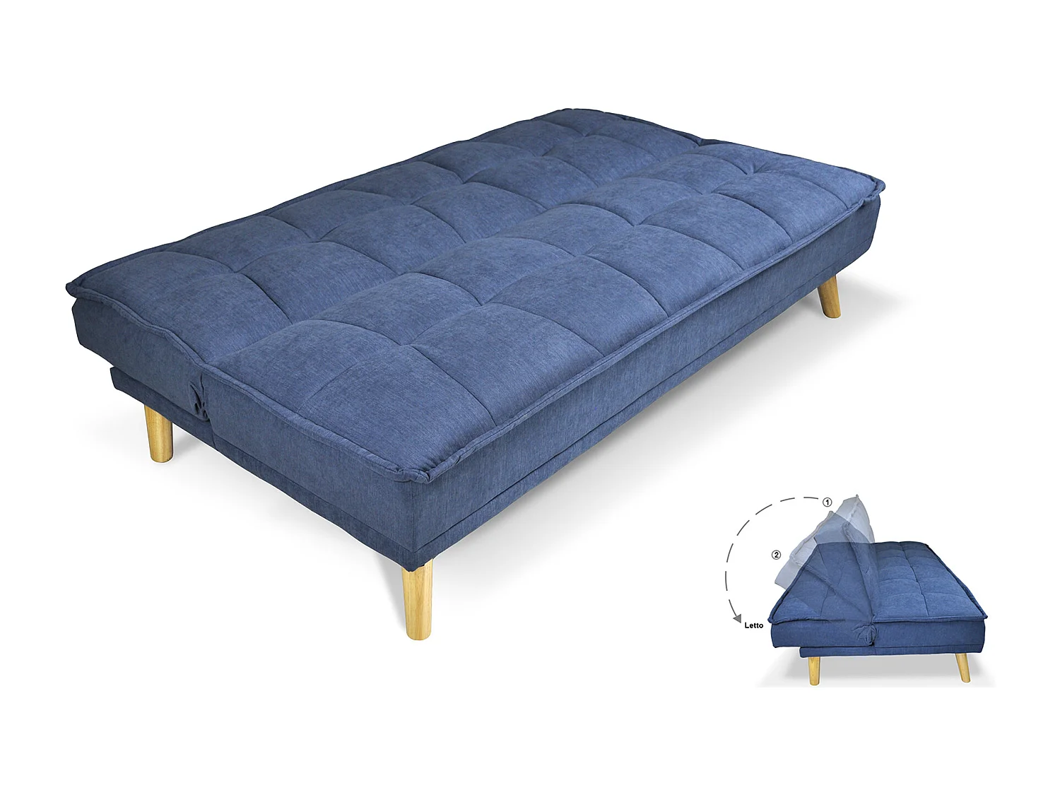 Divano letto clic clac in tessuto vellutato blu, divano 3 posti mod. Bart