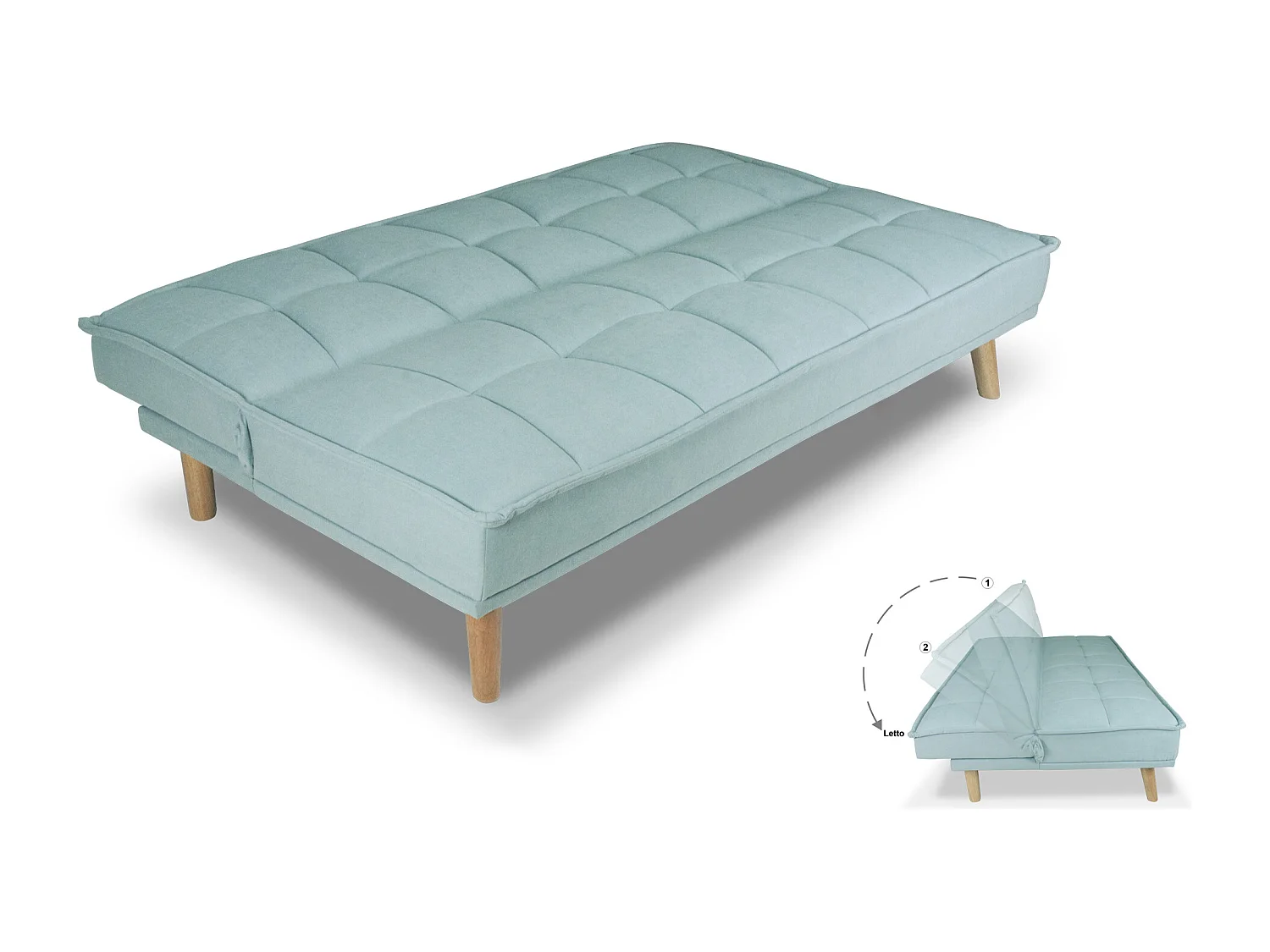 Divano letto clic clac in tessuto vellutato verde Tiffany, divano 3 posti mod. Bart