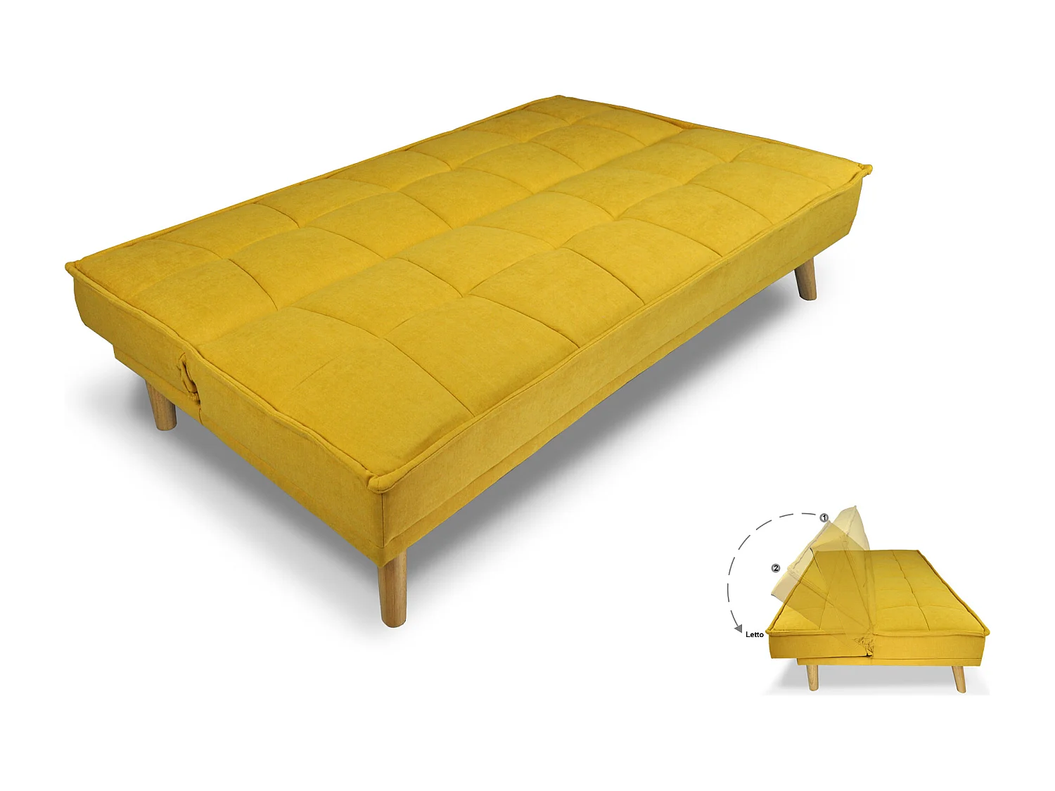 Divano letto clic clac in tessuto vellutato giallo, divano 3 posti mod. Bart