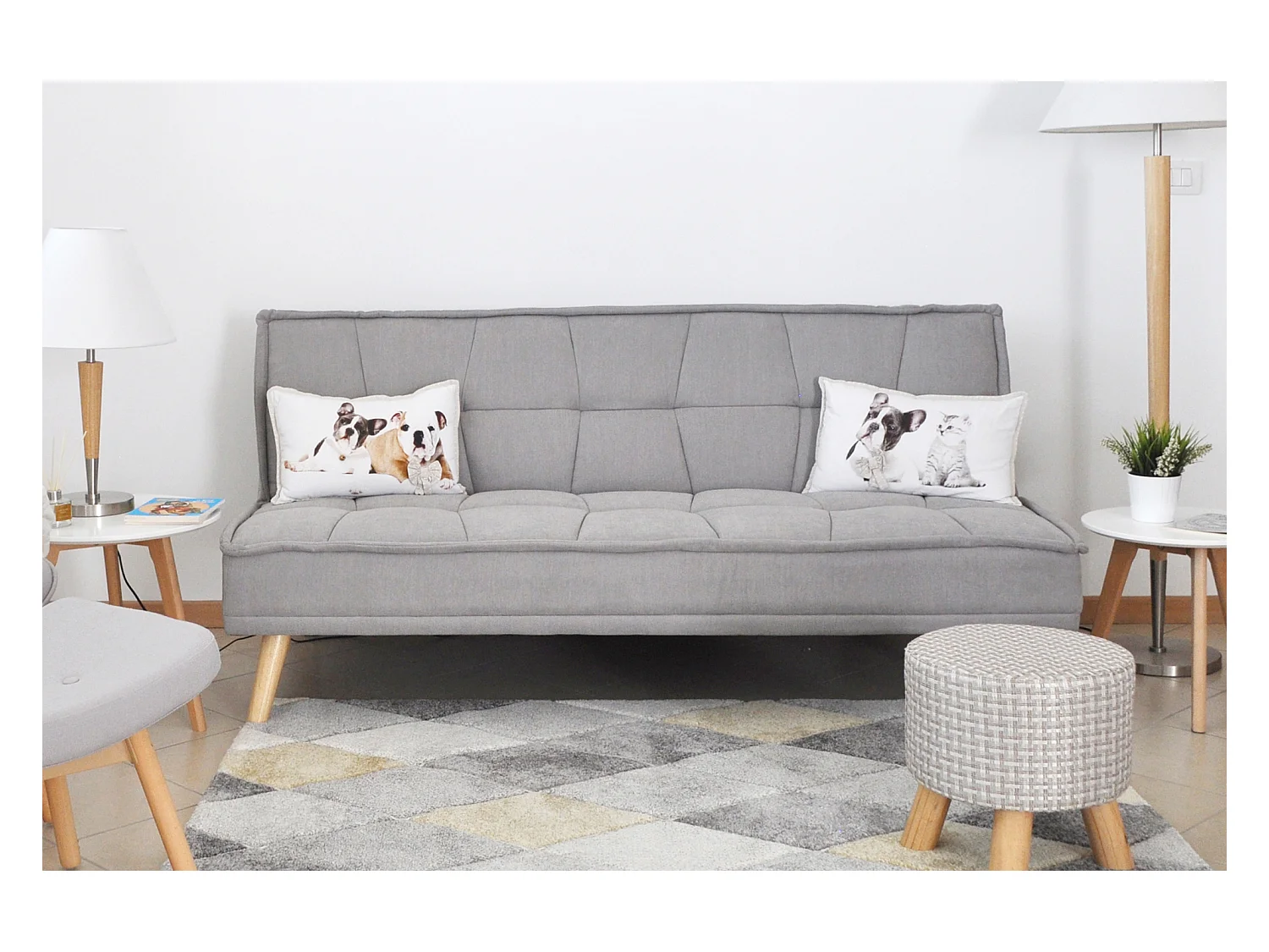 Divano letto clic clac in tessuto vellutato grigio, divano 3 posti mod. Bart